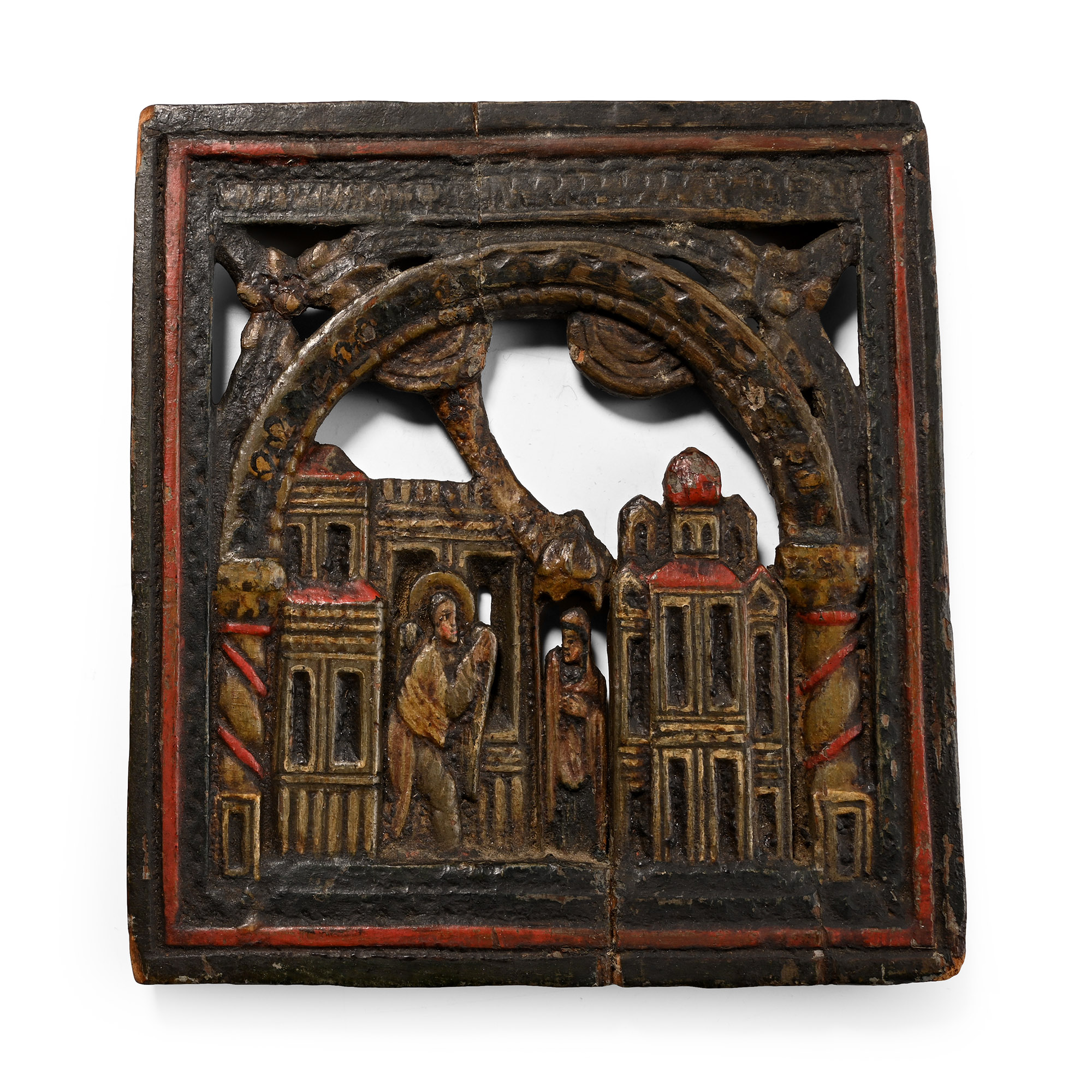 Greek Wooden Polychrome Mount Athos Annunciation Plaque