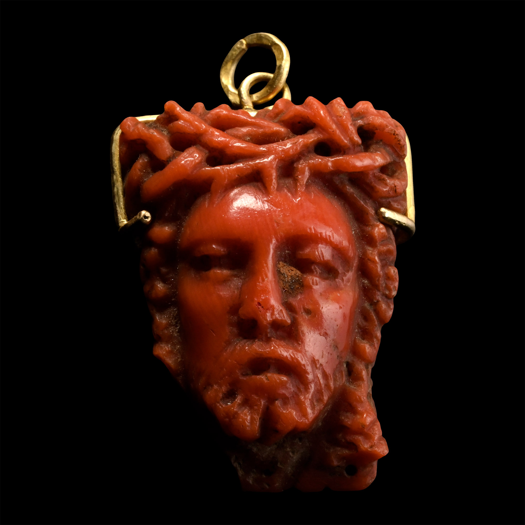 Post Medieval Coral Memento Mori Janus Chaplet Bead with Head of Christ and Skull