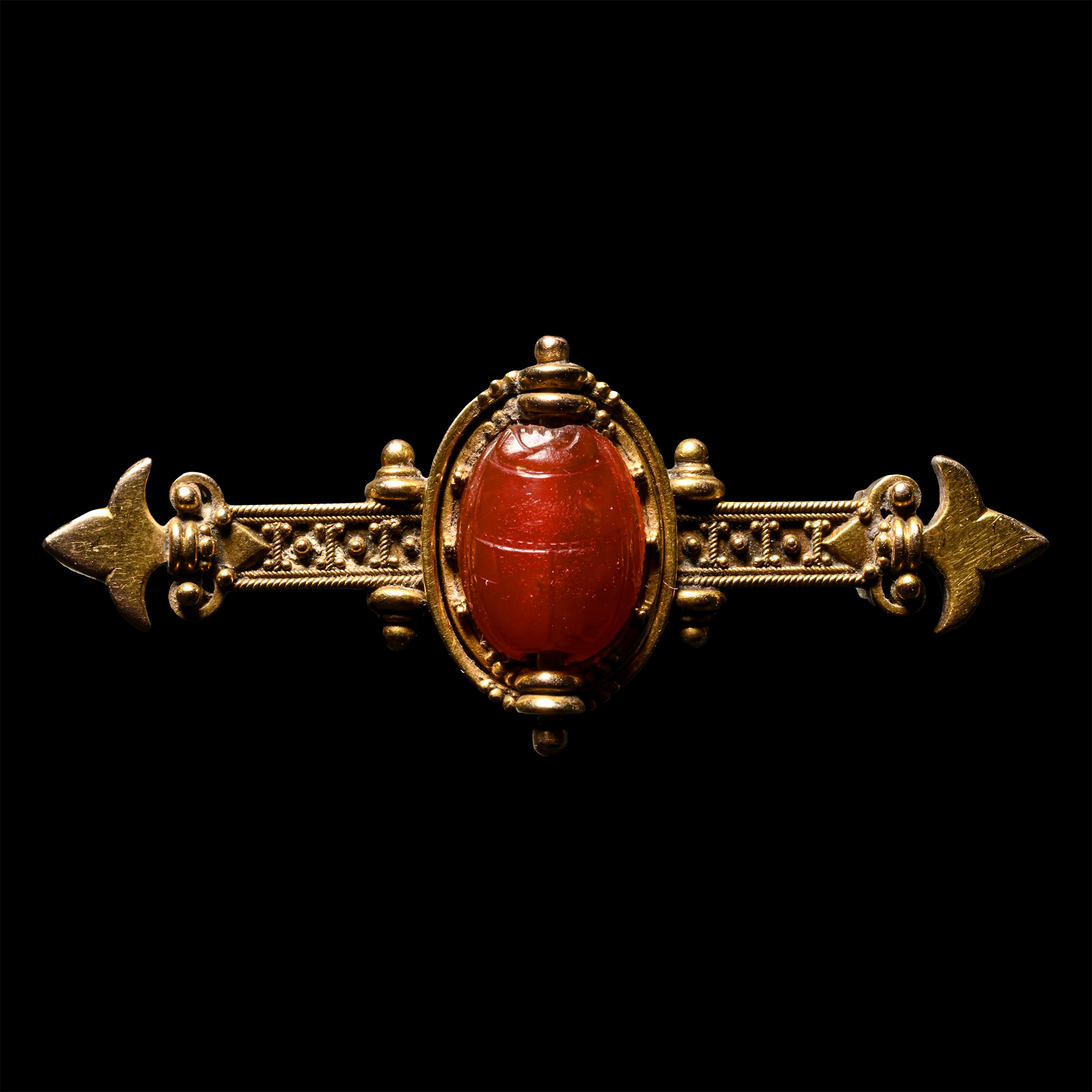 Etruscan Carnelian Scarab with Bust of a Warrior in Later Victorian Gold Brooch