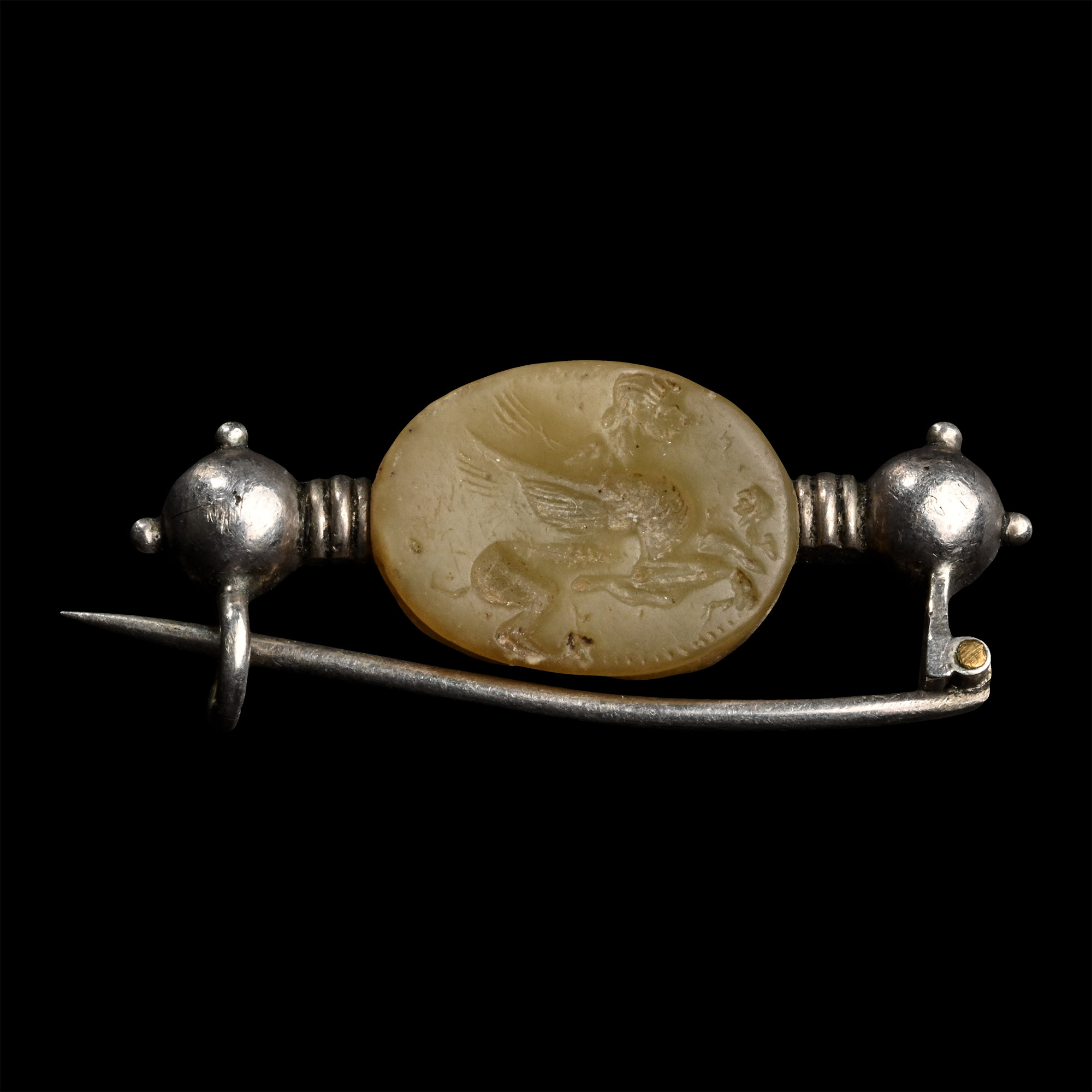 Etruscan Carnelian Scarab with Sphinx in Later Victorian Silver Mount