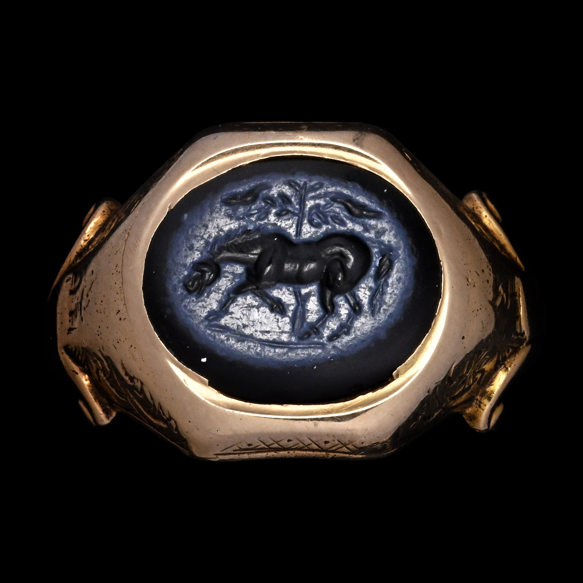 Roman Nicolo Intaglio Depicting a Horse Beneath a Tree in Gold Ring