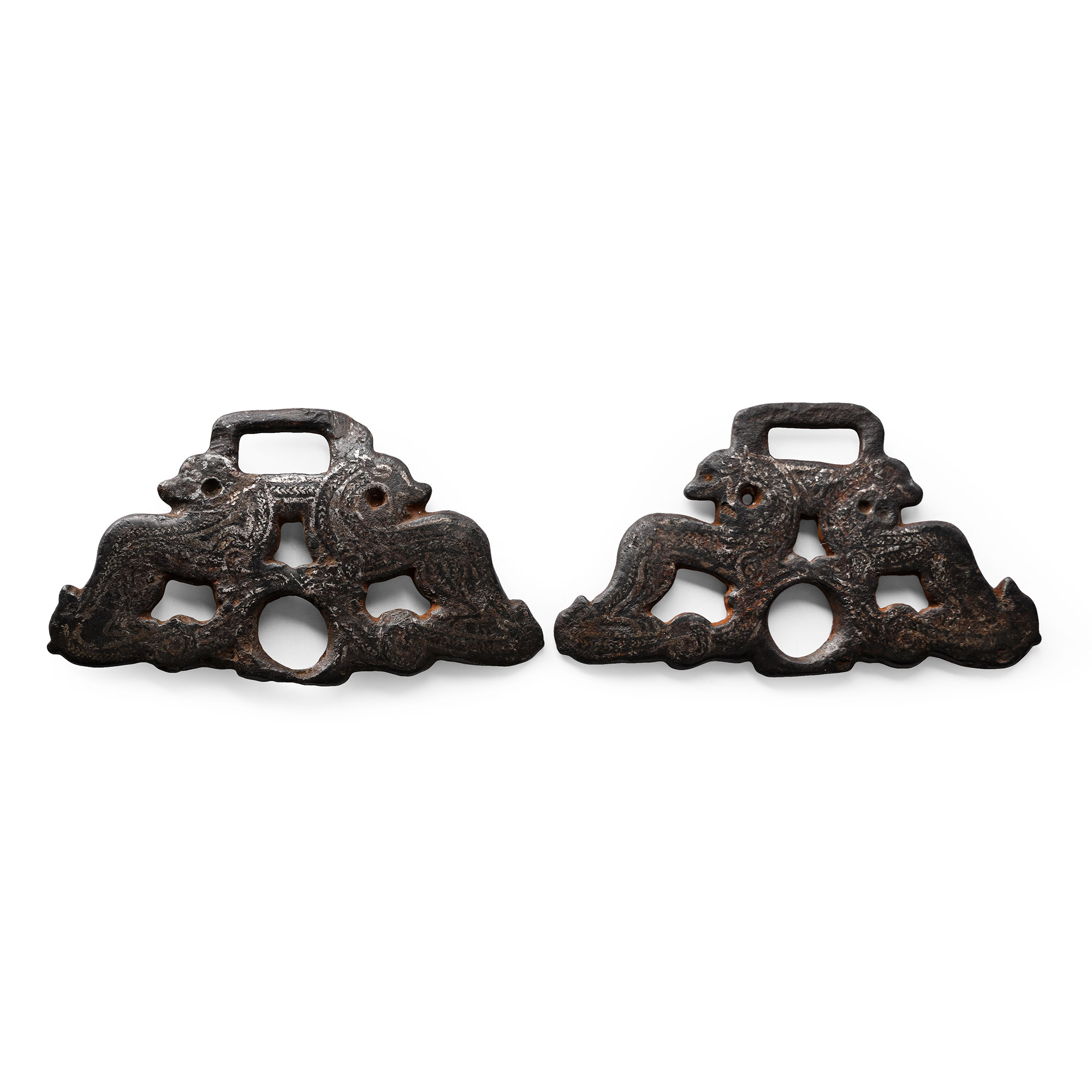 Viking Age Inlaid Iron Horse Bit Cheek Piece Pair with Opposing Beasts