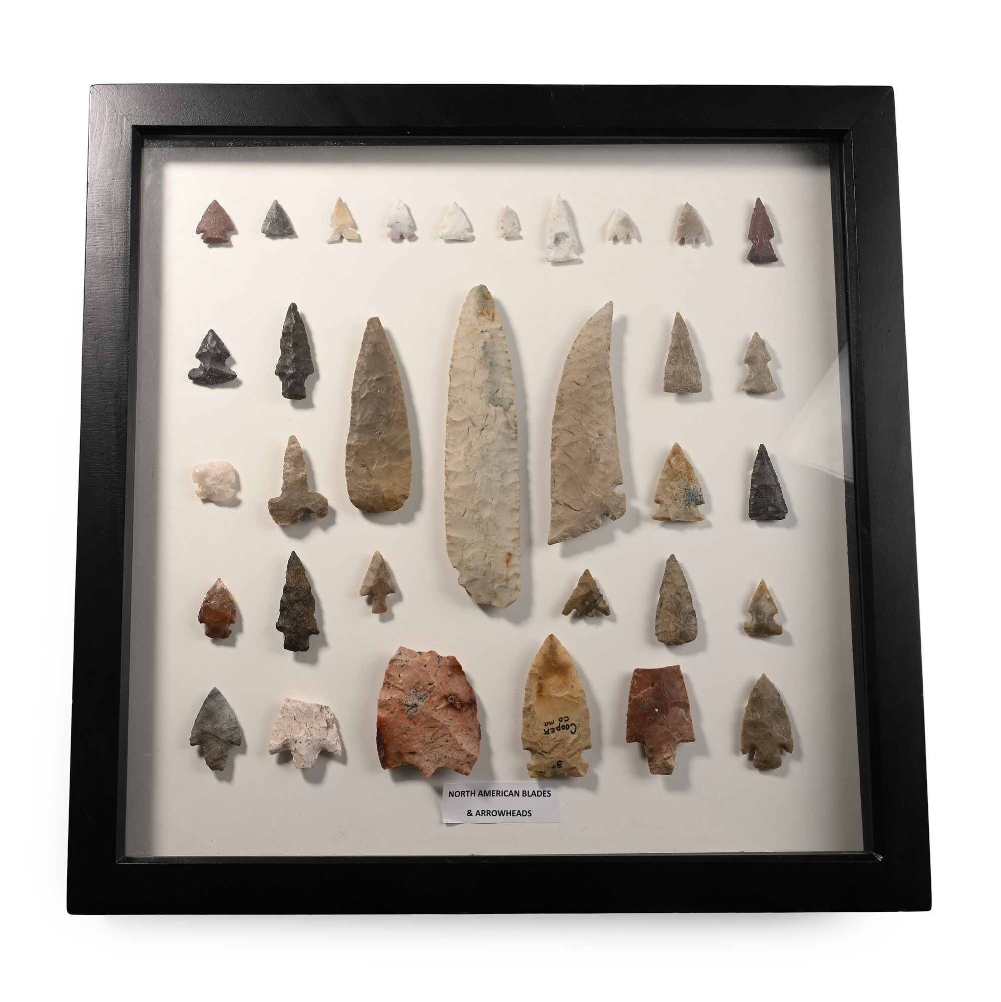 Framed North American Stone Age Knapped Arrowhead and Tool Collection