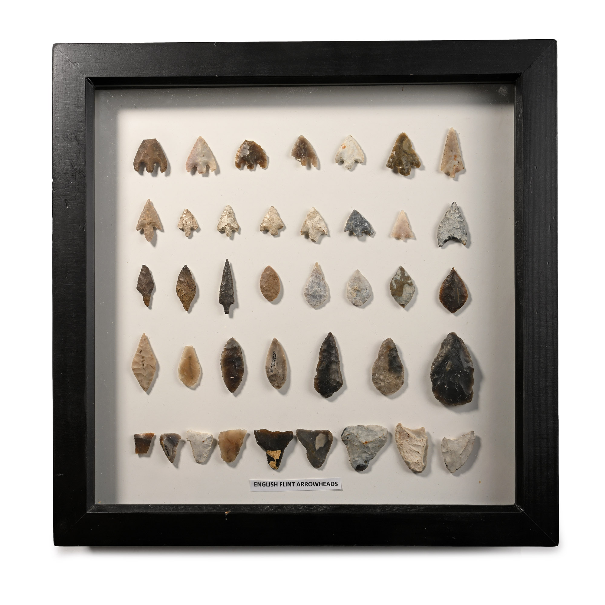 Framed English Stone Age Knapped Arrowhead and Tool Collection