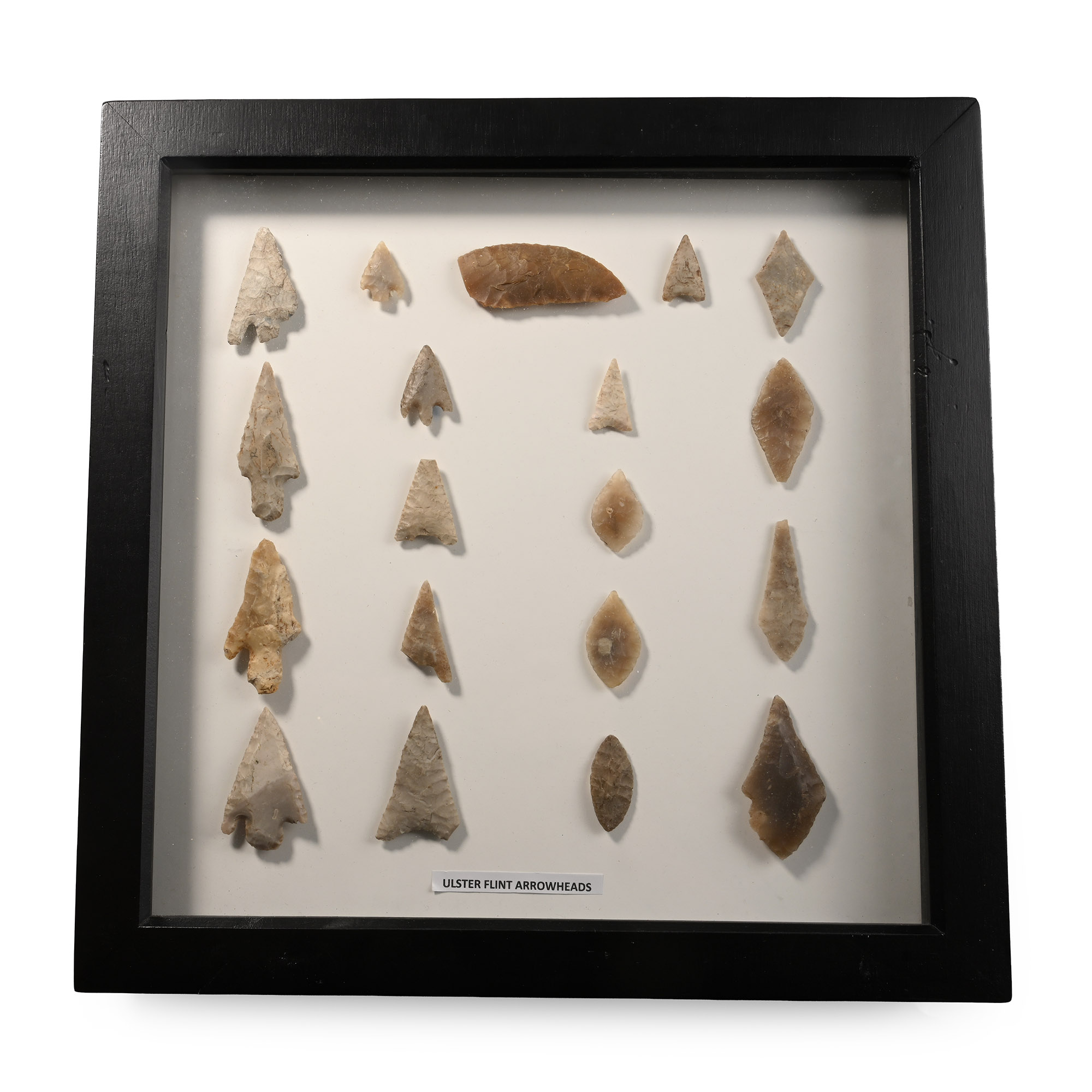 Framed English Stone Age Knapped Arrowhead and Tool Collection