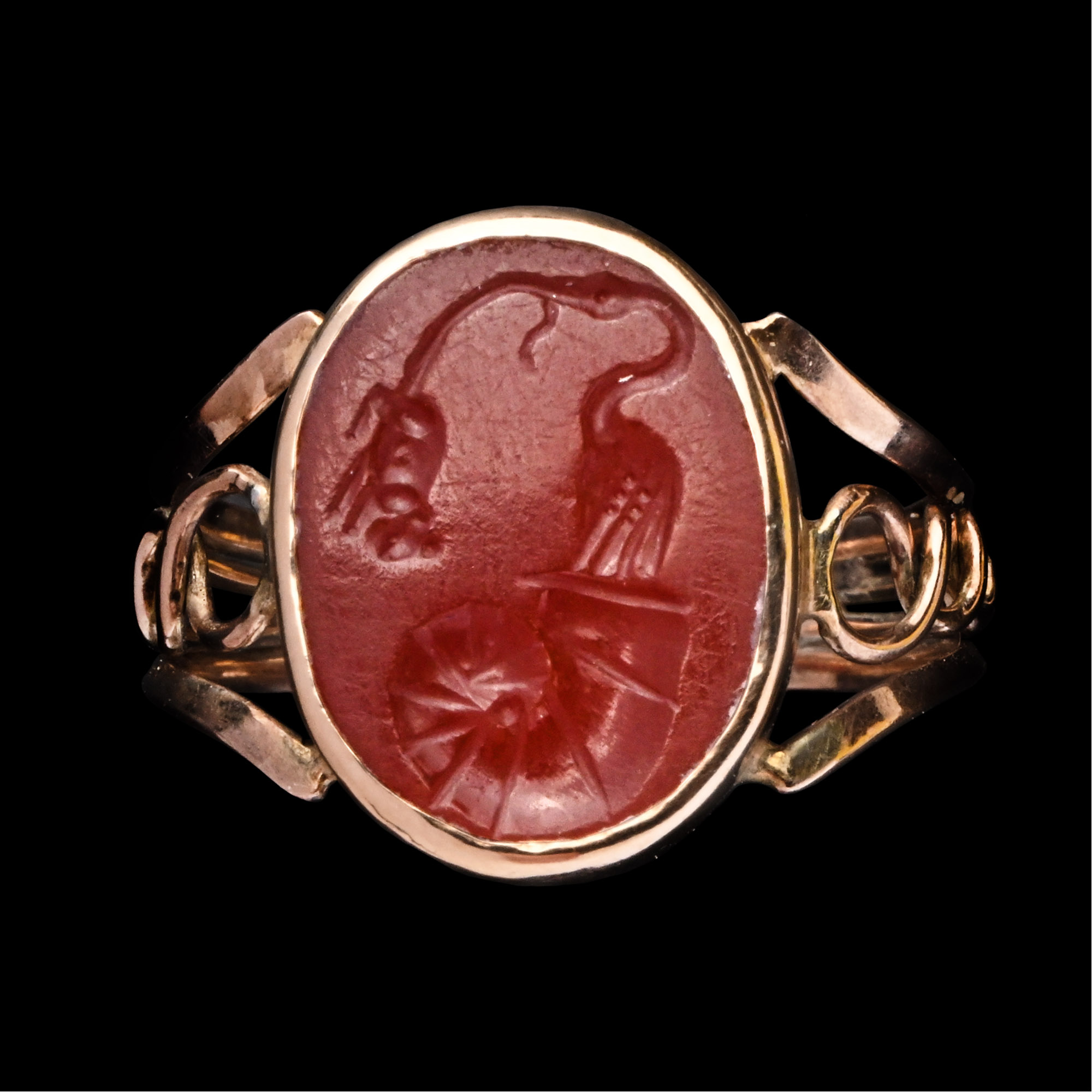 Roman Carnelian Gemstone with Stork Emerging from a Seashell in Gold Ring