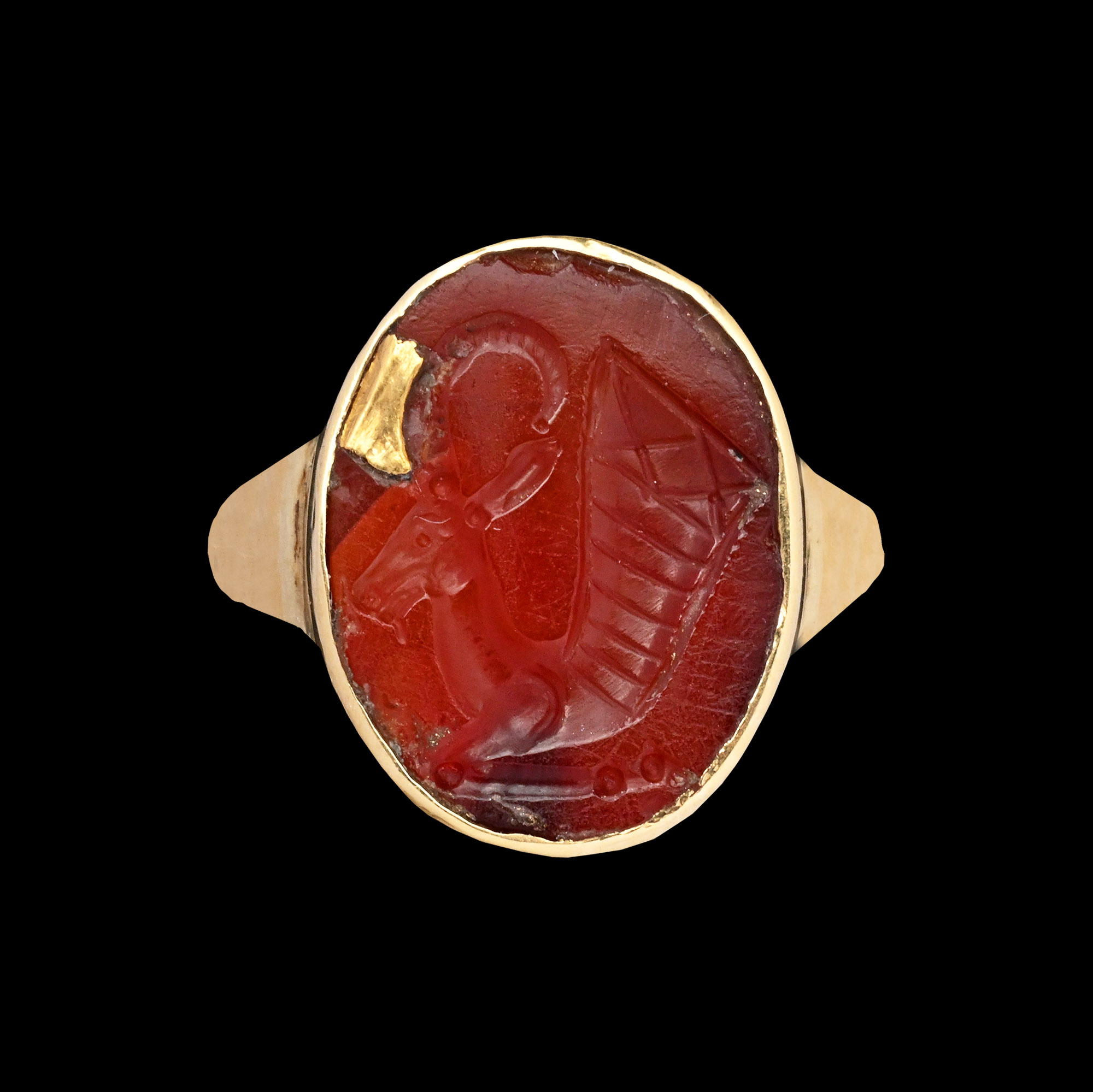 Parthian Carnelian Gemstone of a Goat-Headed Rhyton in Gold Ring
