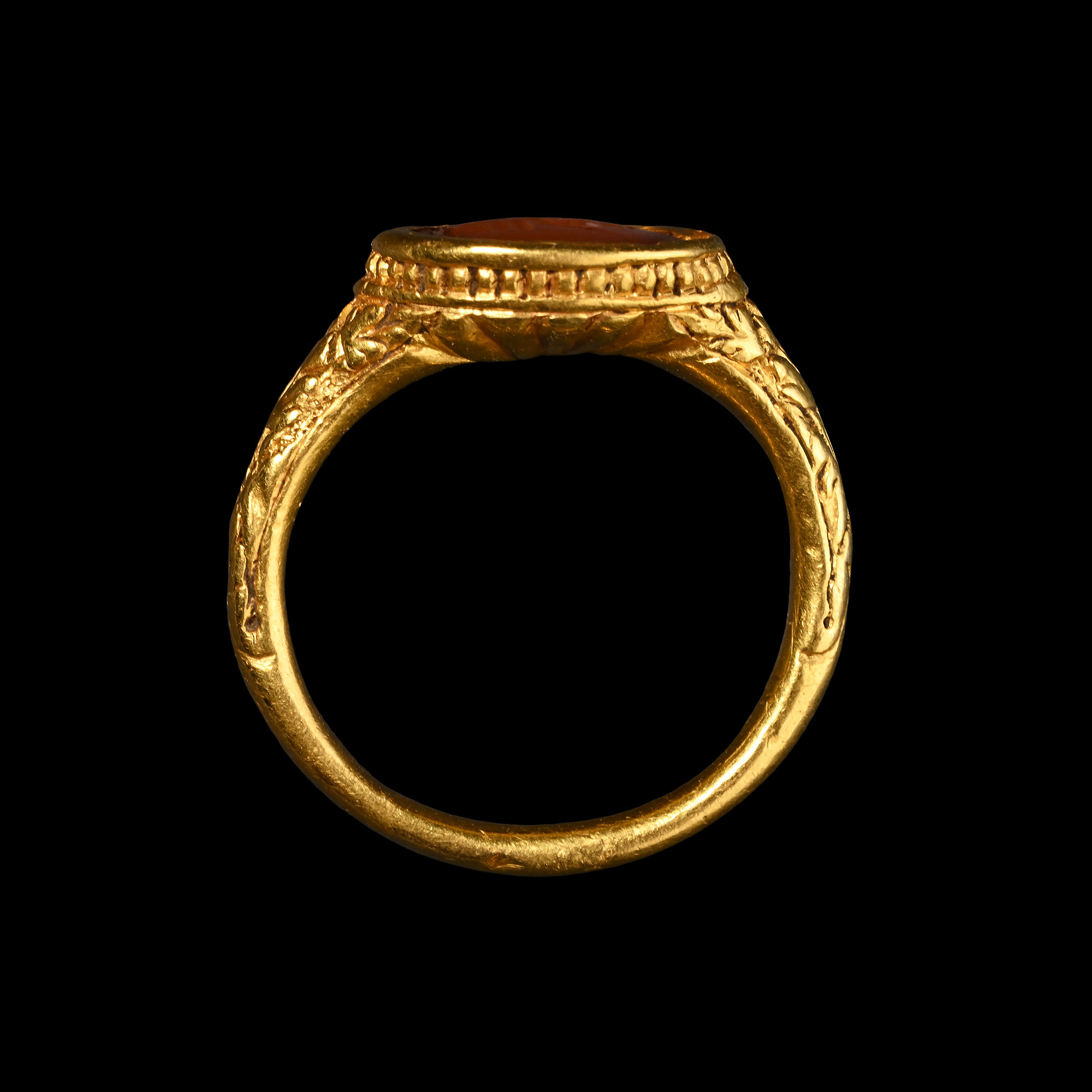 Renaissance Gold Ring with Carnelian Gemstone of a Resting Hero