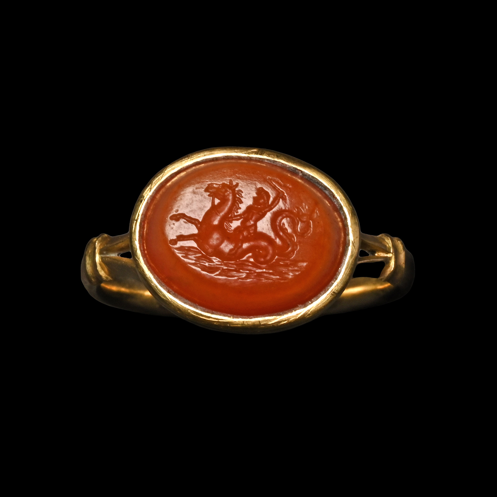 Renaissance Agate Gemstone with Eros Riding a Hippocampus in Gold Ring