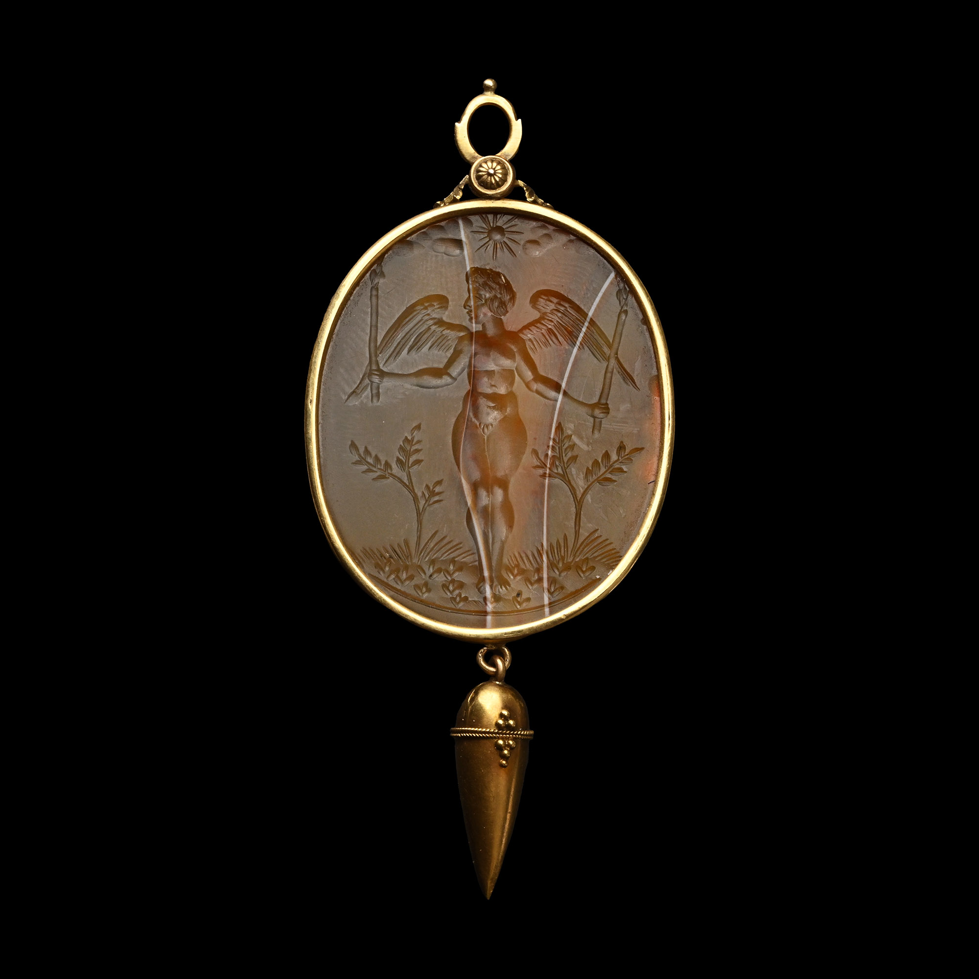 Renaissance Gold Pendant with Agate Gemstone of Cupid