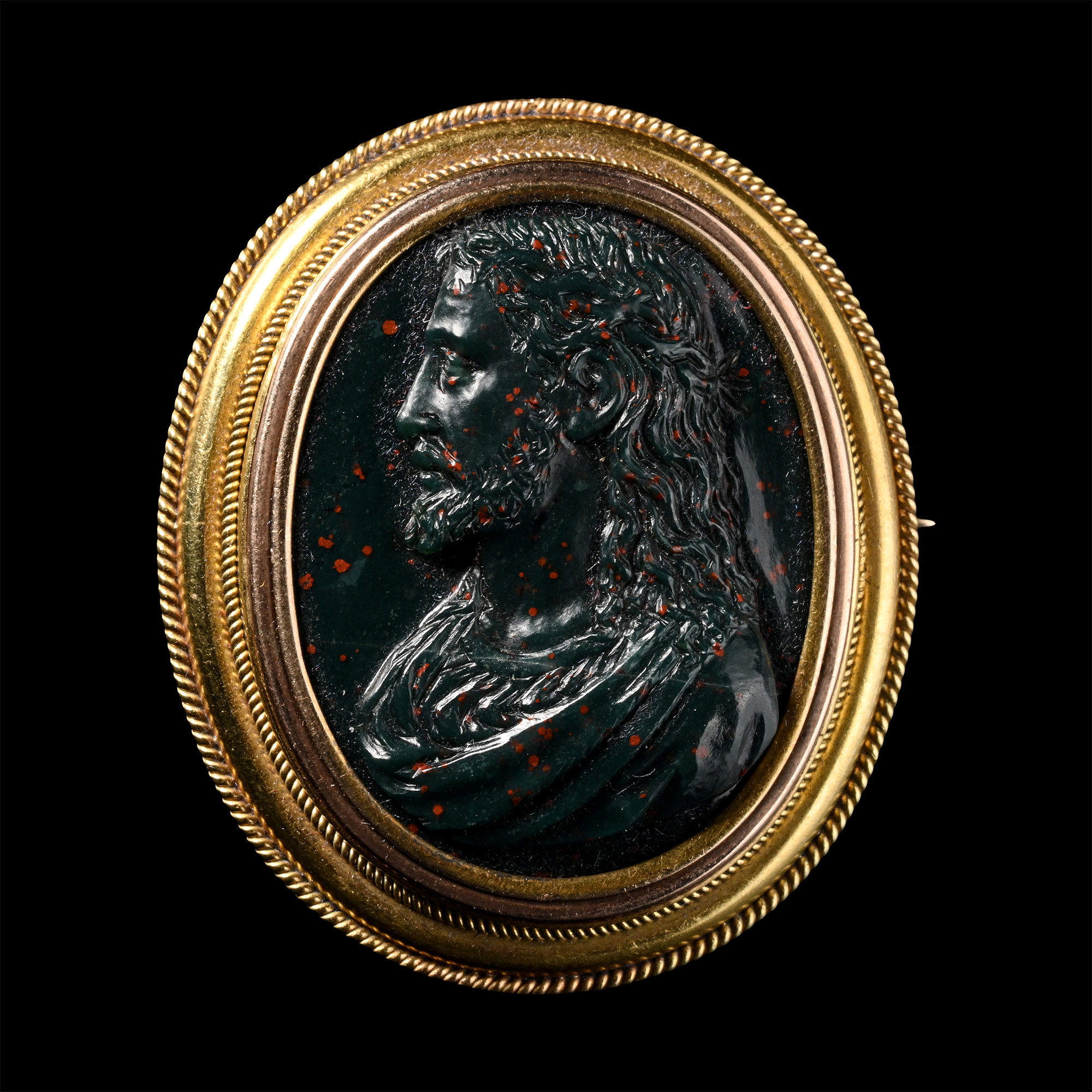 Heliotrope Cameo with Christ in Gold Mount