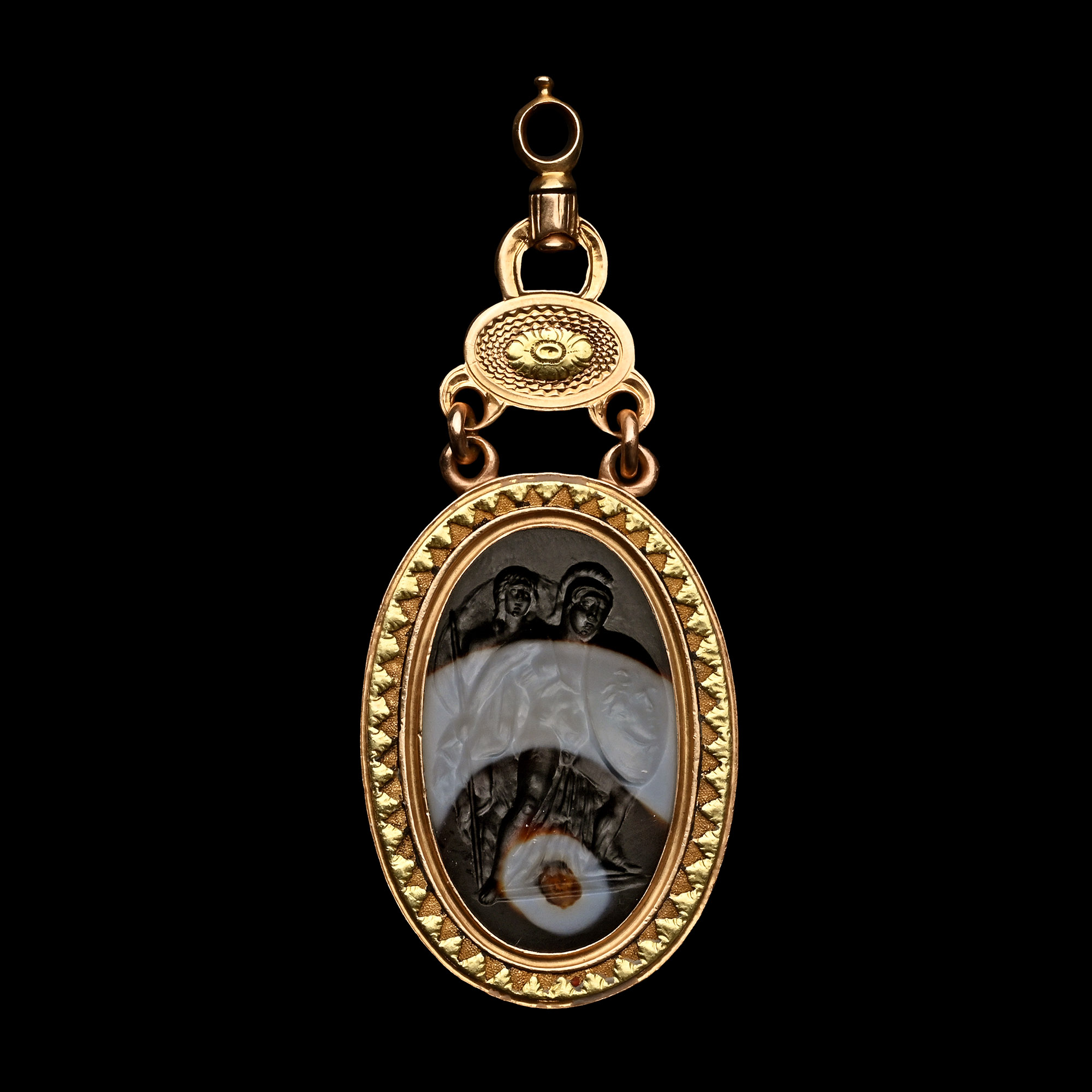 Banded Agate Intaglio Depicting Perseus and Andromeda in Gold Pendant