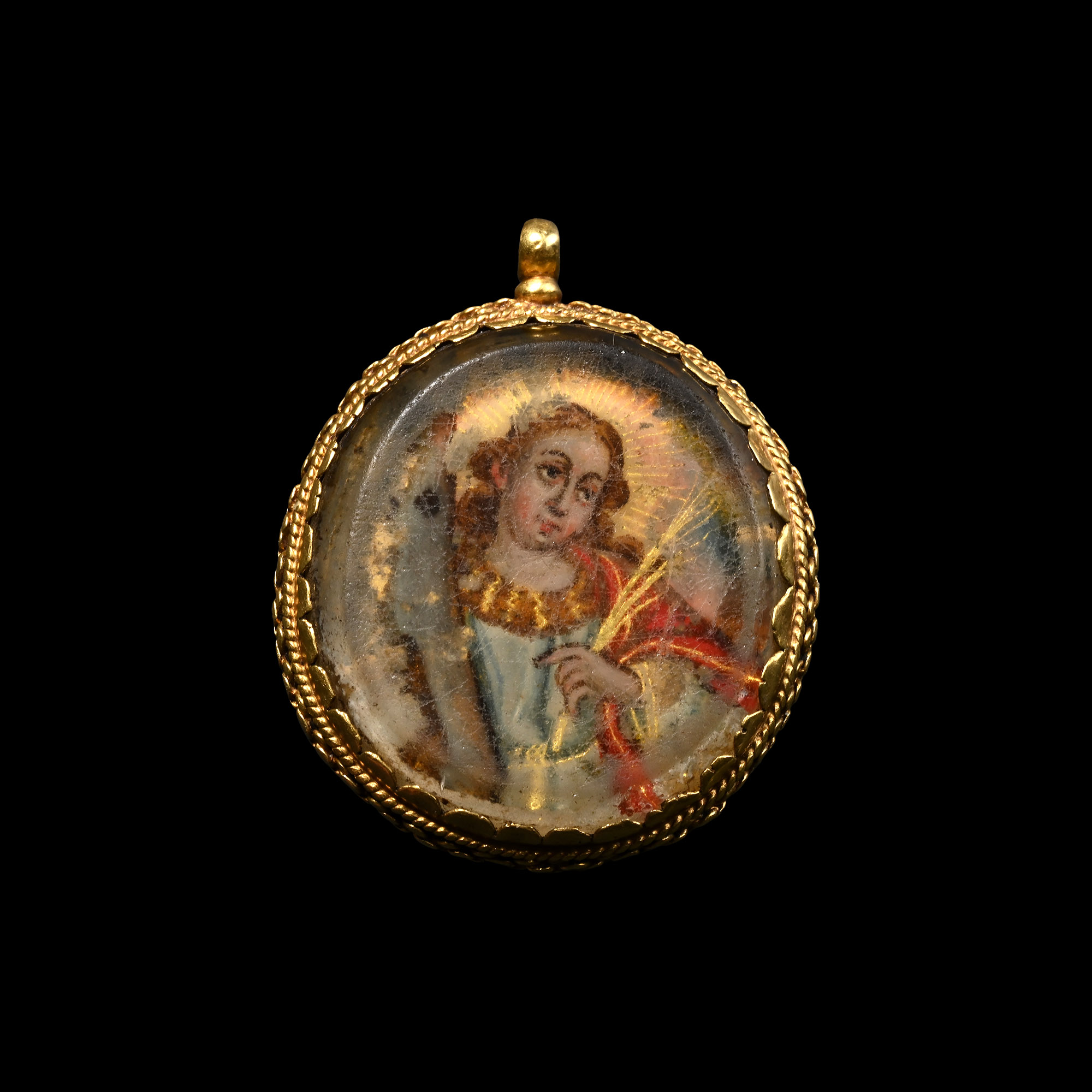 Bourbon Era Gold Devotional Pendant with Verre Eglomise Miniatures of Saint Catherine of Alexandria and Saint John of Nepomuk