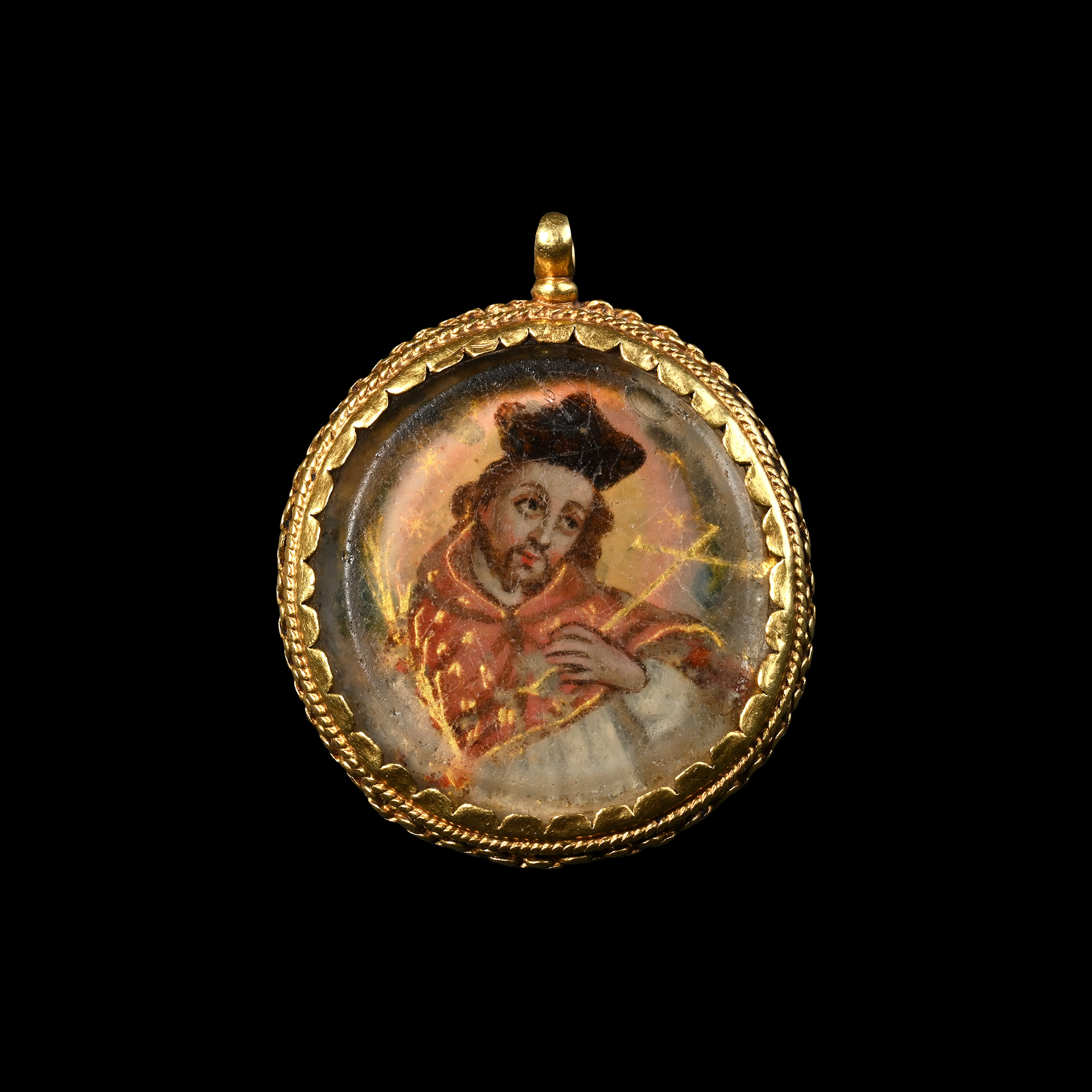 Bourbon Era Gold Devotional Pendant with Verre Eglomise Miniatures of Saint Catherine of Alexandria and Saint John of Nepomuk