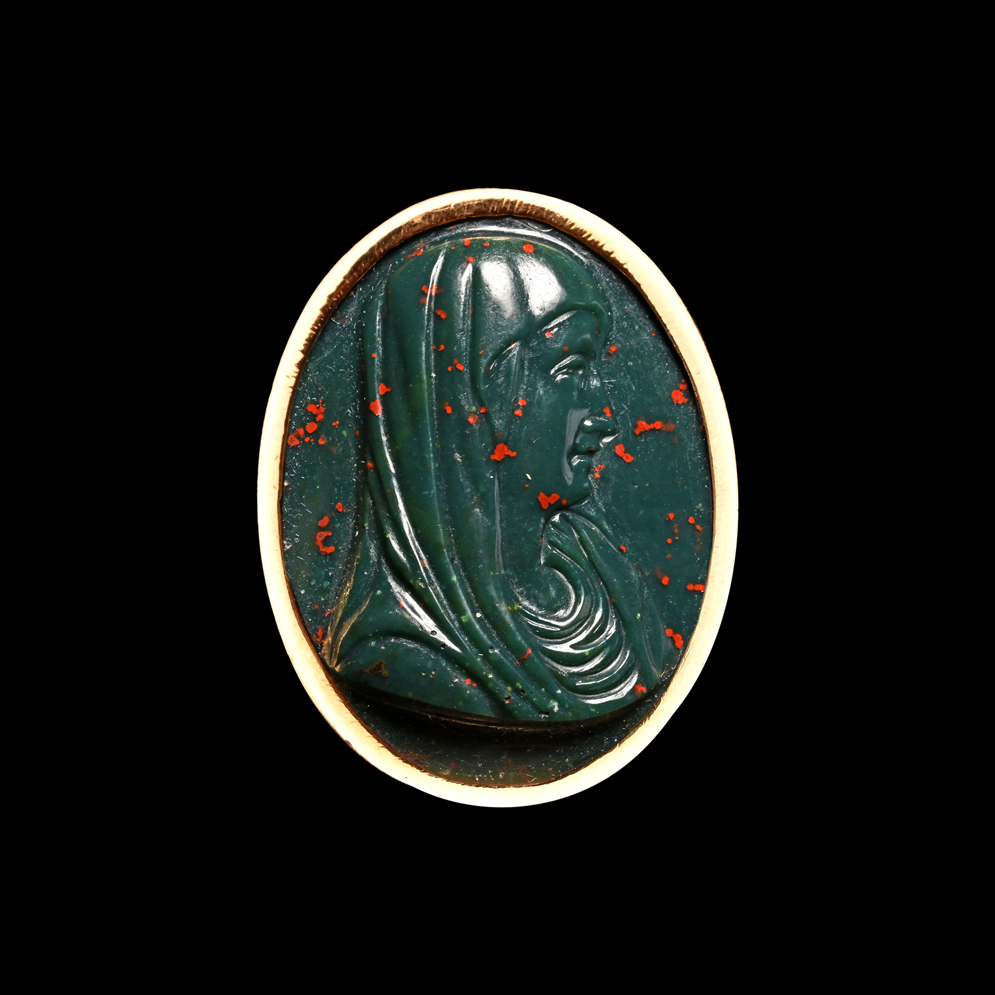 Late Renaissance Double-Sided Heliotrope Cameo of Christ and the Virgin in Gold Ring