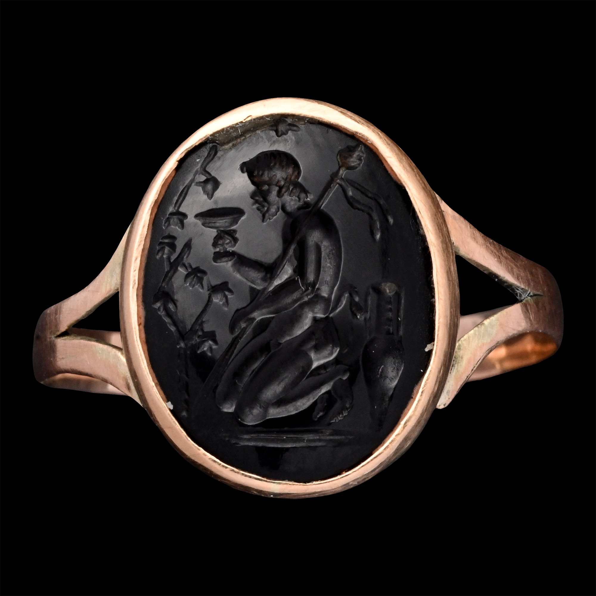 Renaissance Gemstone with Kneeling Satyr Drinking from a Goblet in Gold Ring