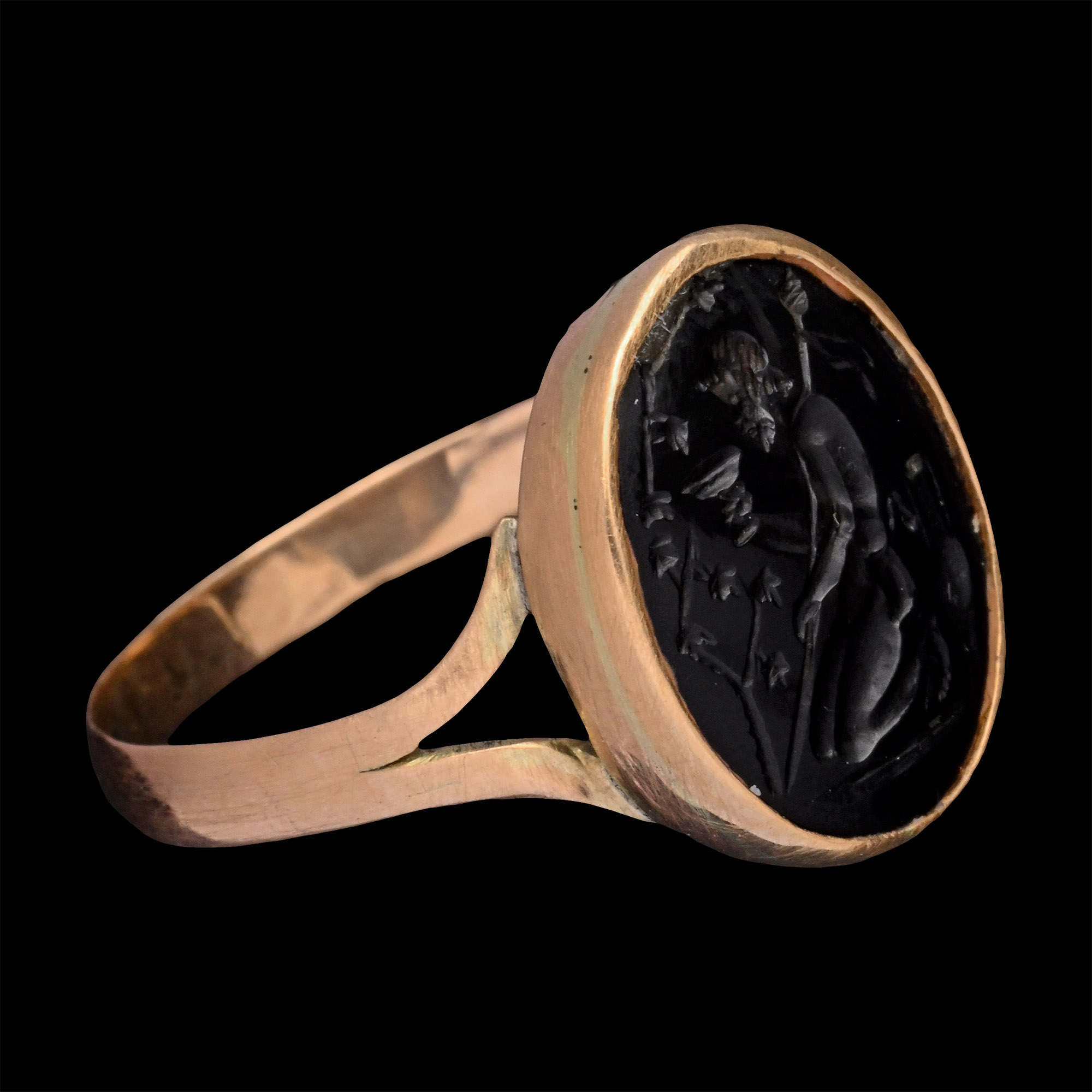 Renaissance Gemstone with Kneeling Satyr Drinking from a Goblet in Gold Ring
