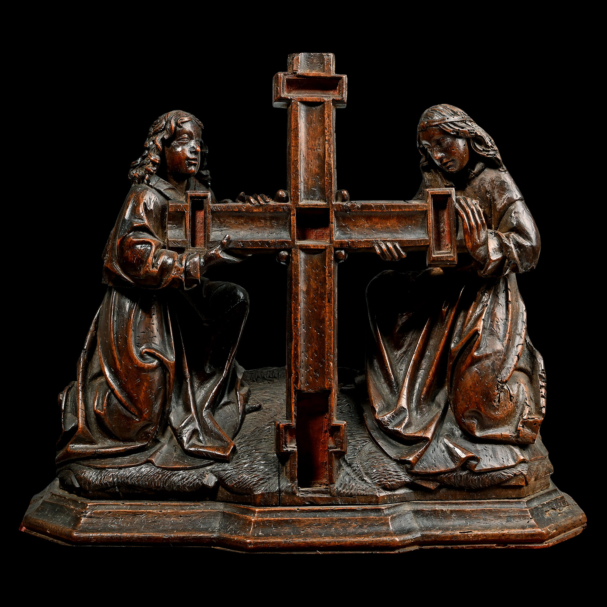 Medieval Carved Wooden Panel with Kneeling Angels Supporting the Cross