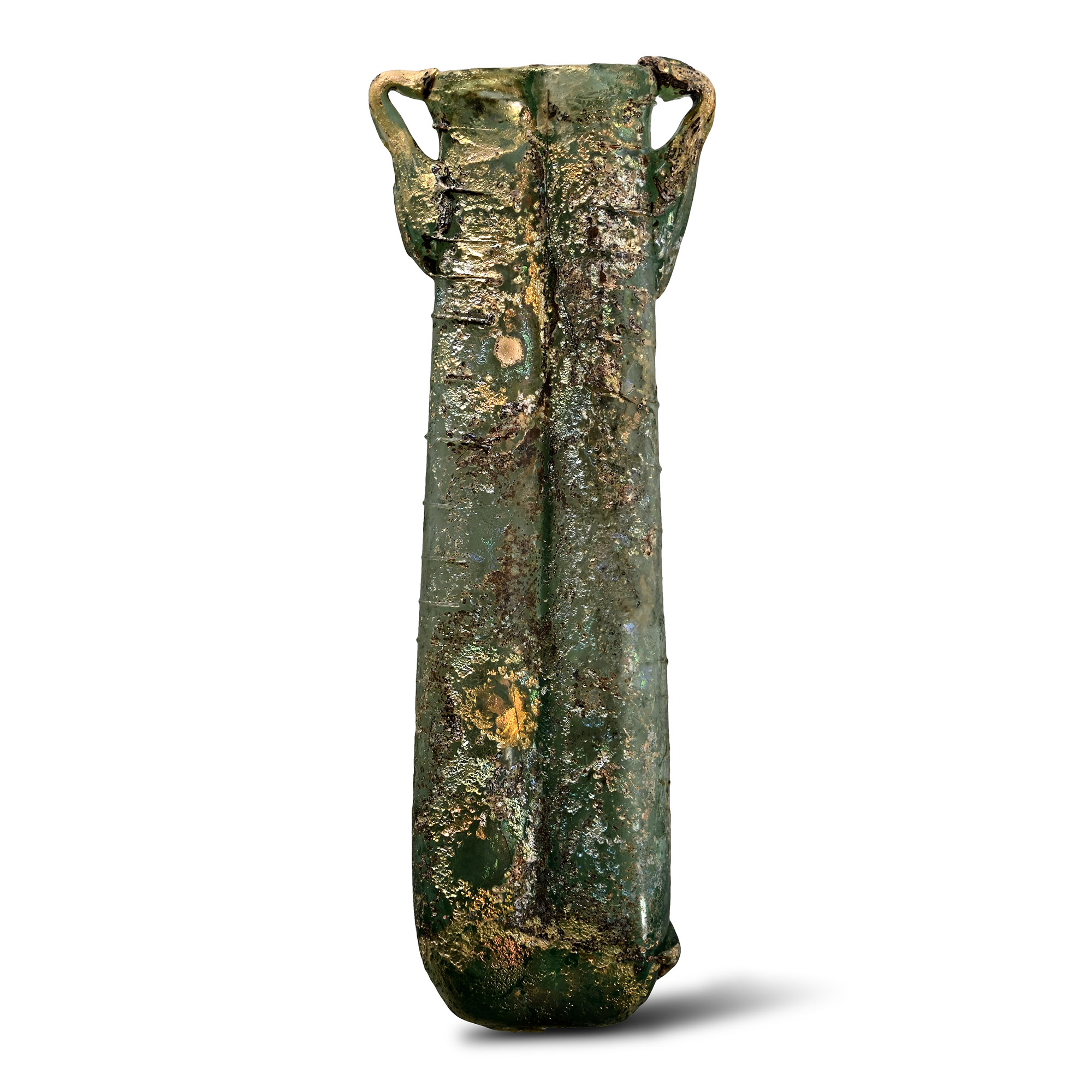 Roman Iridescent Green Glass Double Balsamarium