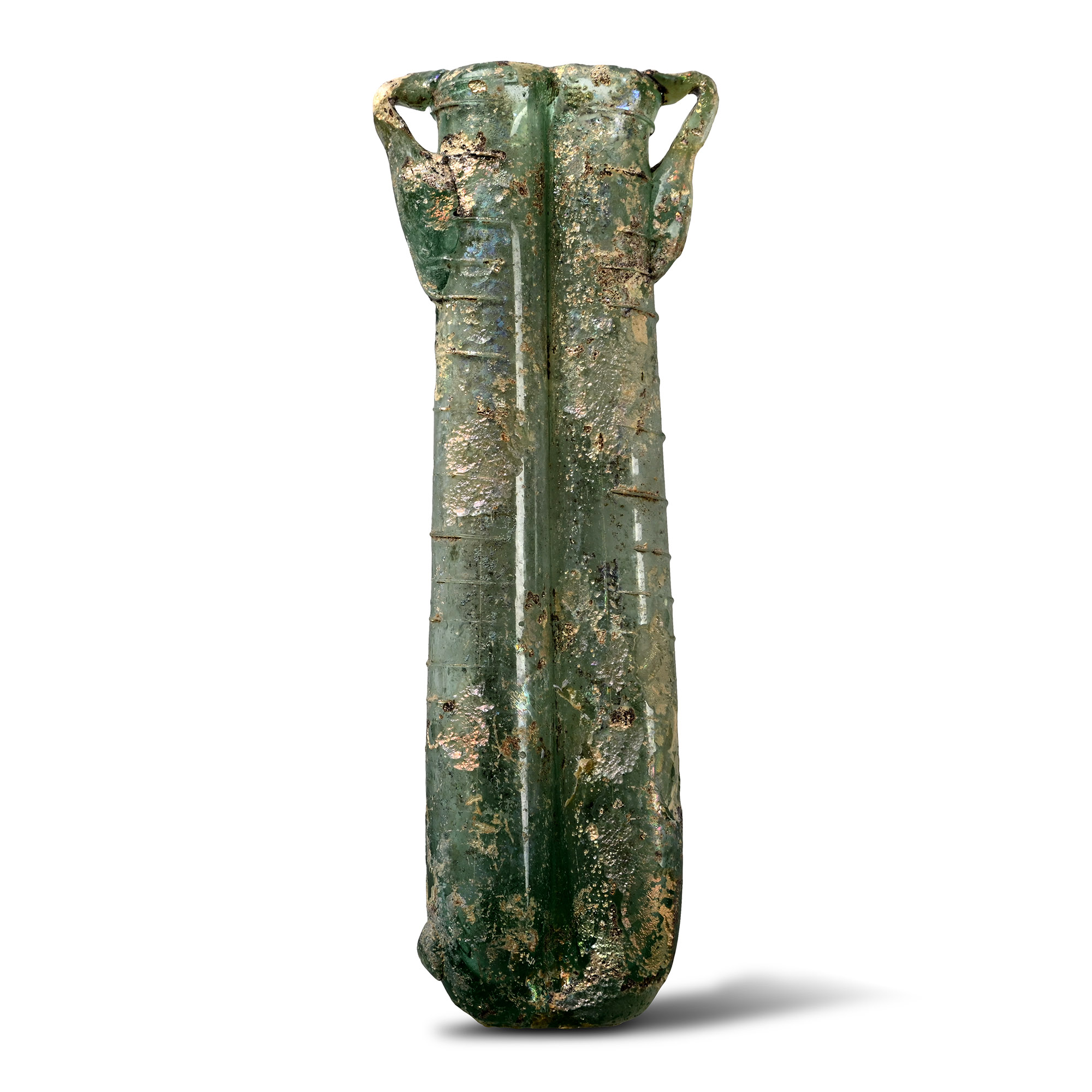 Roman Iridescent Green Glass Double Balsamarium