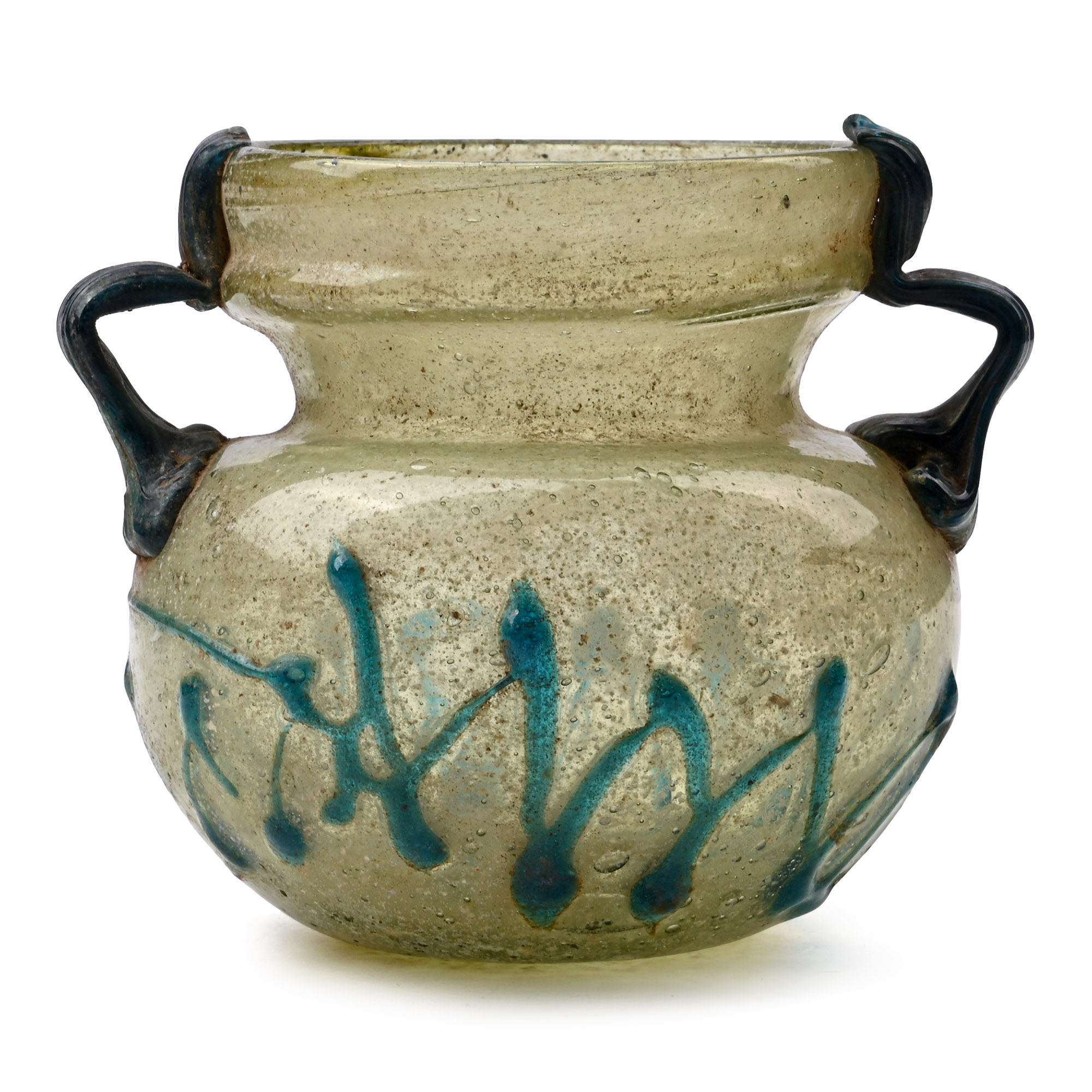 Roman Green Glass Jar with Blue Handles and Zig-Zag Trail