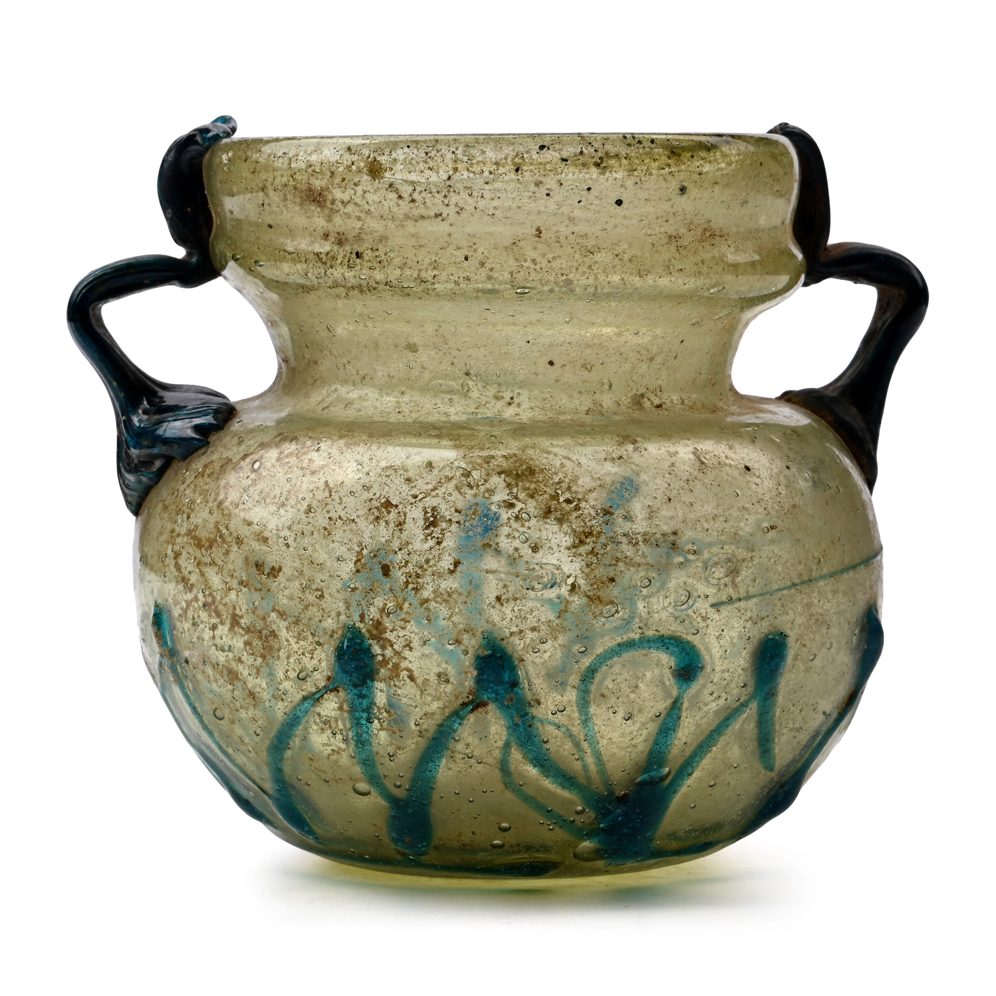 Roman Green Glass Jar with Blue Handles and Zig-Zag Trail