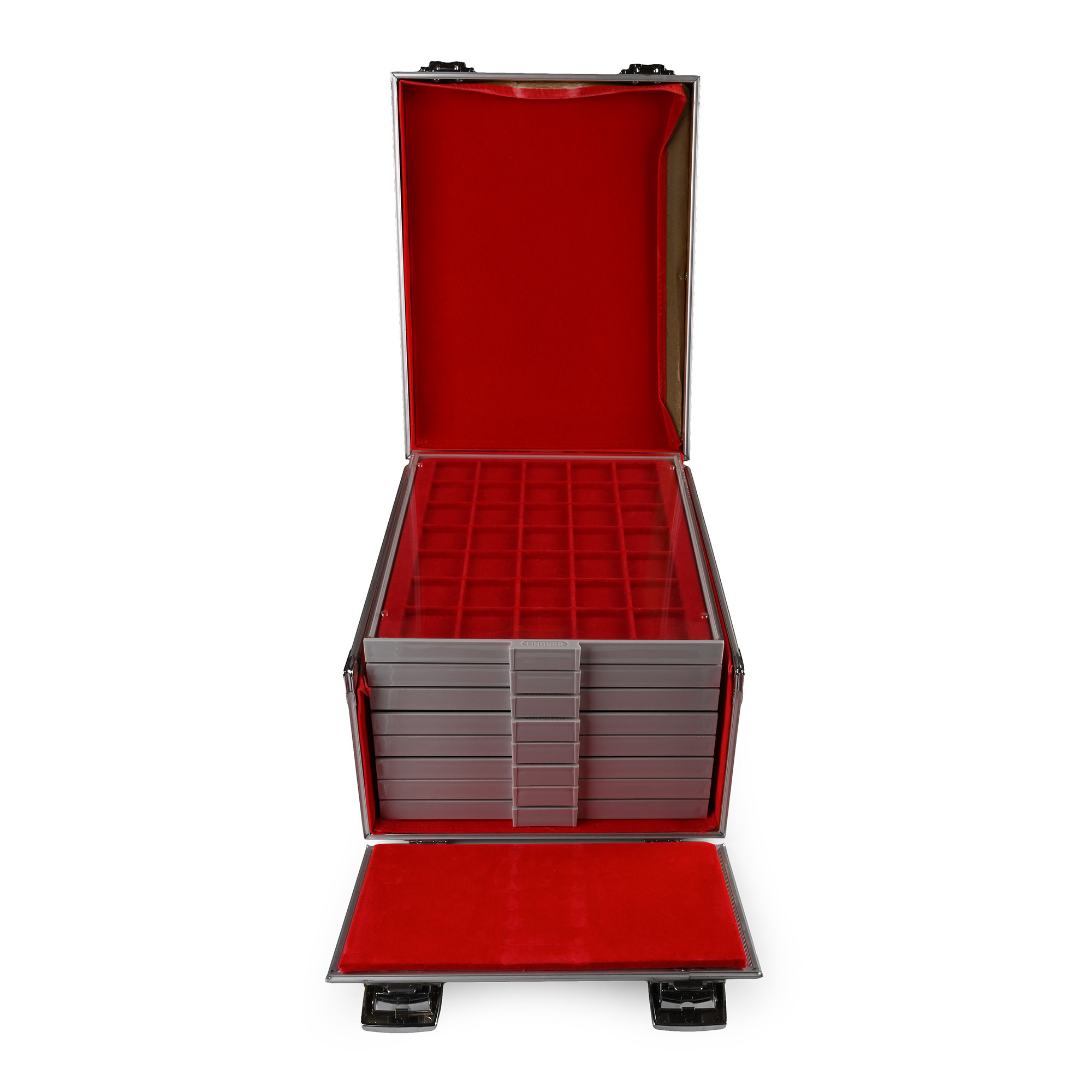 Group of Eight [8] Near New Lindner Coin Trays in Aluminium Carry Case