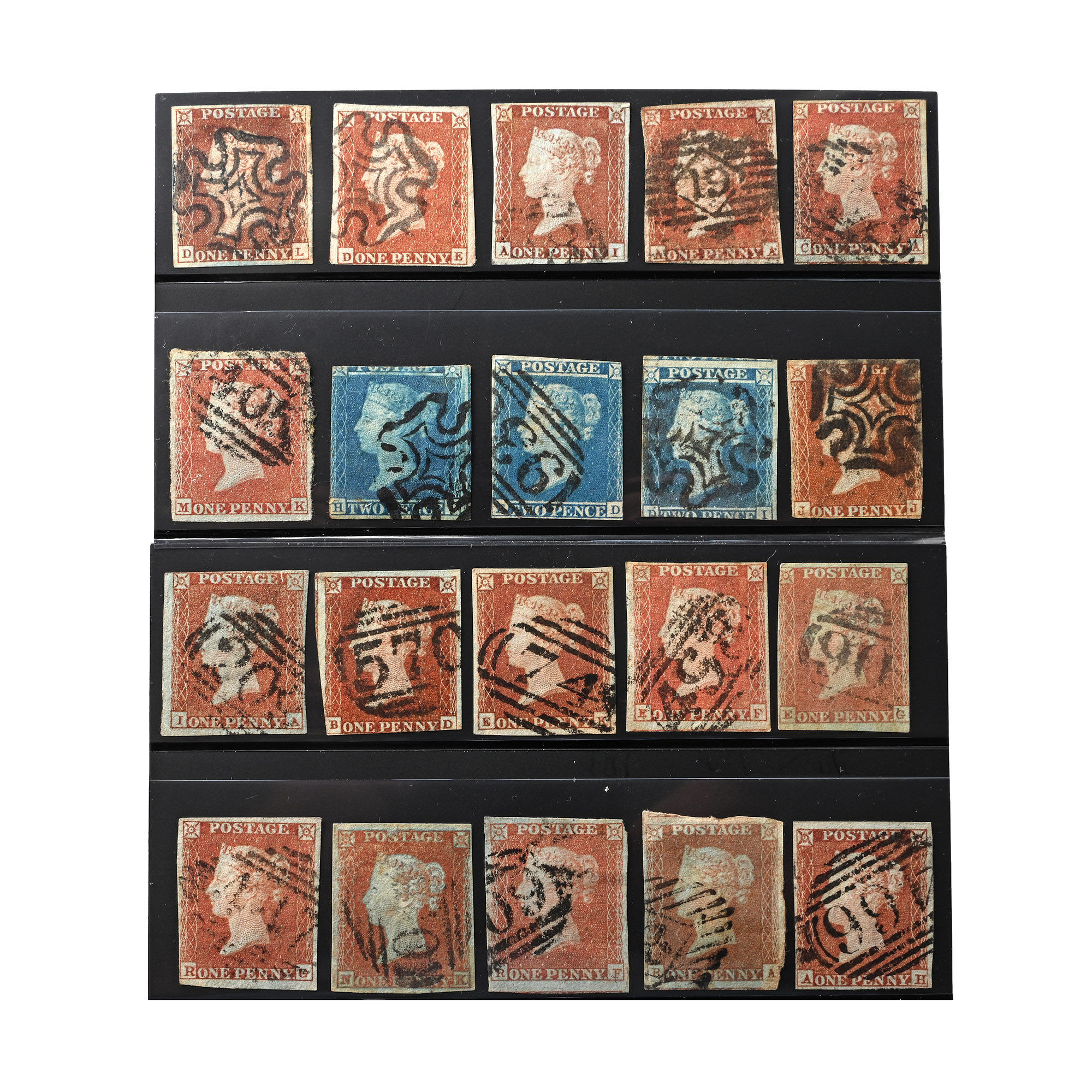 Victorian Penny Red and Two Penny Blue Group, Five with Black Maltese Crosses
