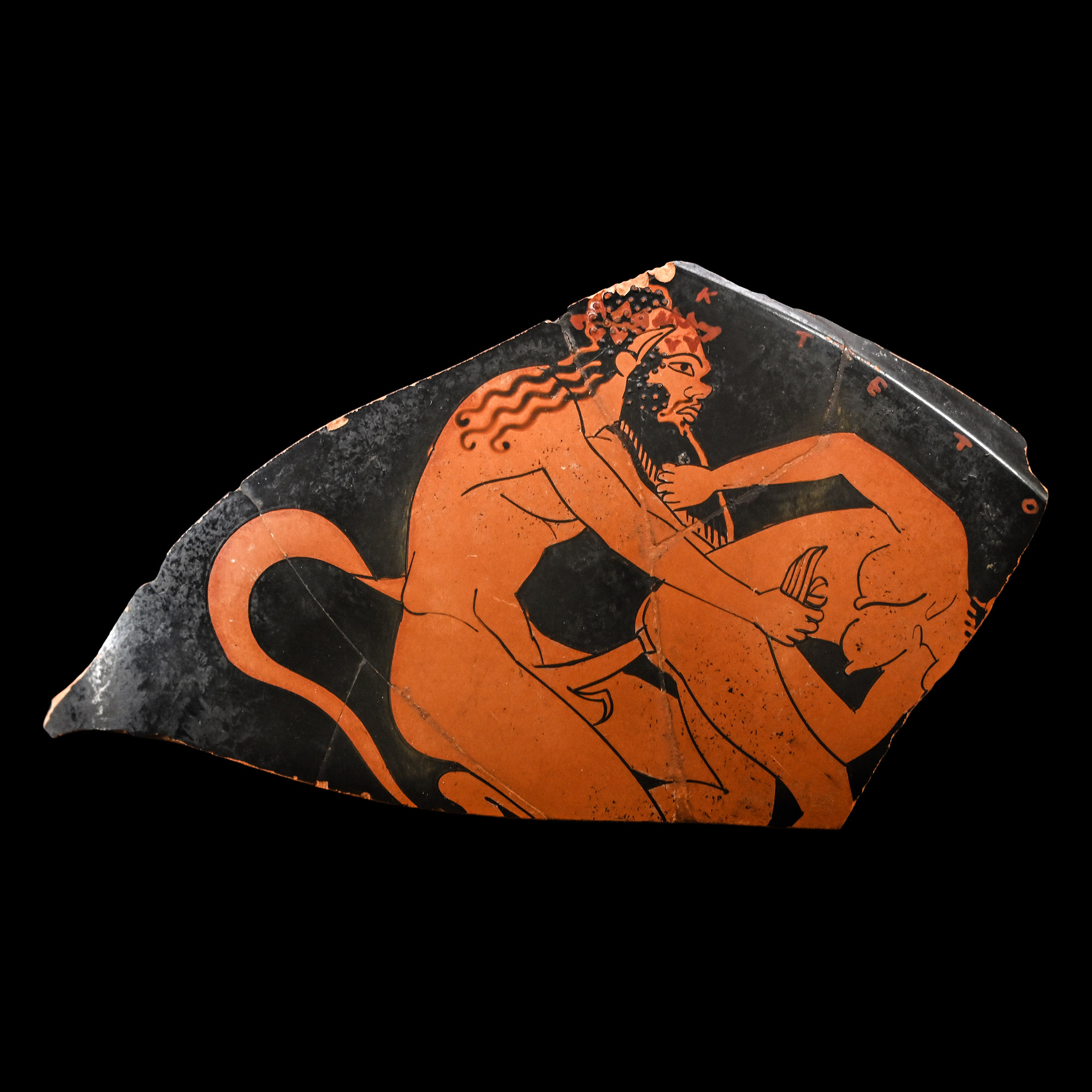 Fragment of an Attic Red-Figure Cup Depicting a Satyr Copulating with a Maenad, Attributed to Epiktetos