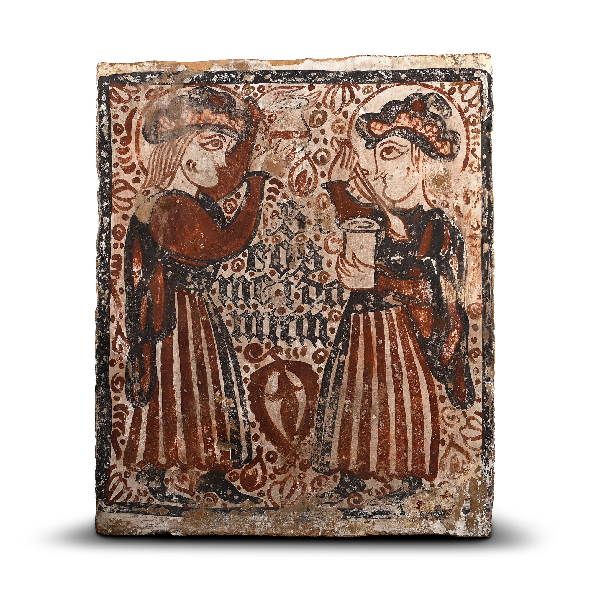 Spanish Medieval Socarrat Wall Tile Showing Saints Cosmas and Damian