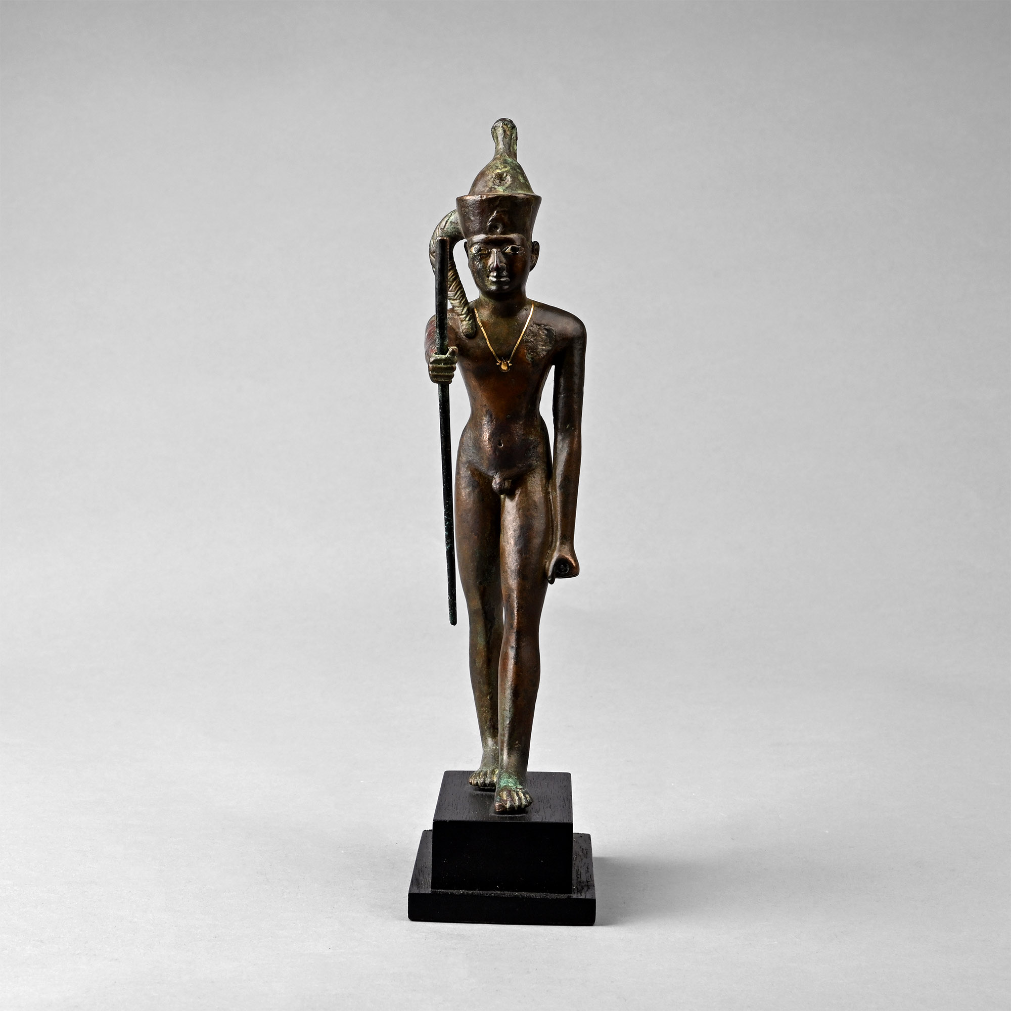 Large Egyptian Bronze Statue of the God Ihy with Gold Necklace and Silver Inlaid Eyes