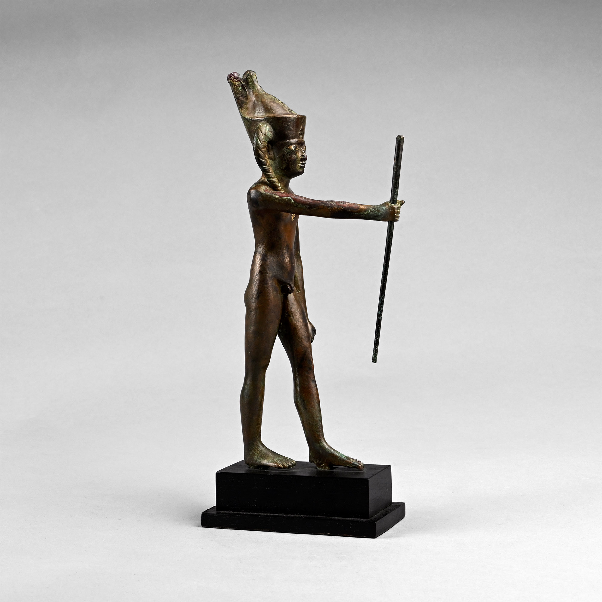 Large Egyptian Bronze Statue of the God Ihy with Gold Necklace and Silver Inlaid Eyes