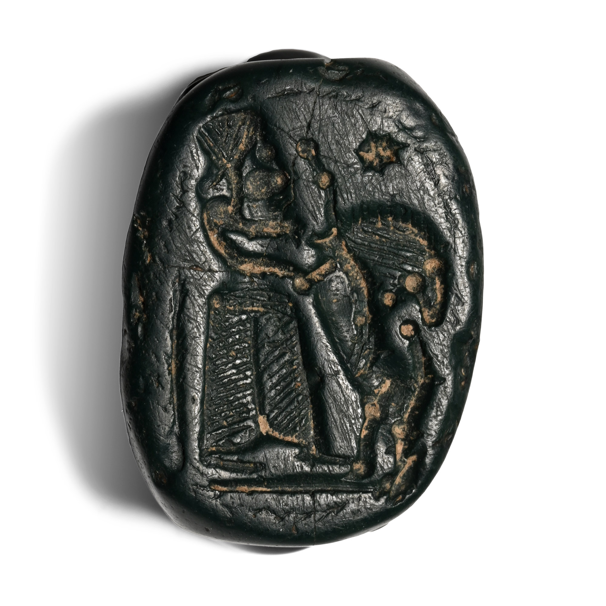 Phoenician Green Stone Scarab with Man Fighting Lion