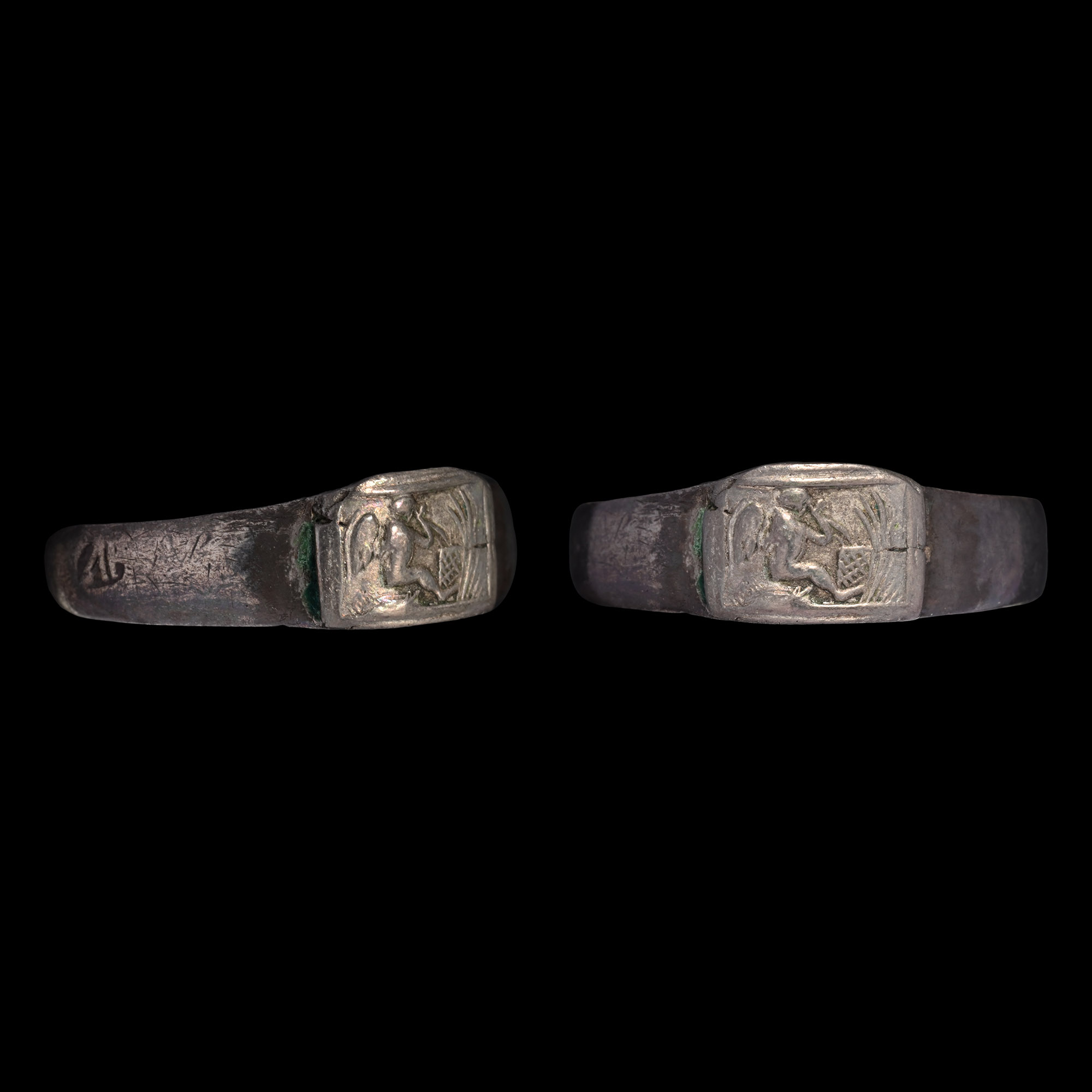 Post Medieval Silver Ring with Eros, the God of Love Seated