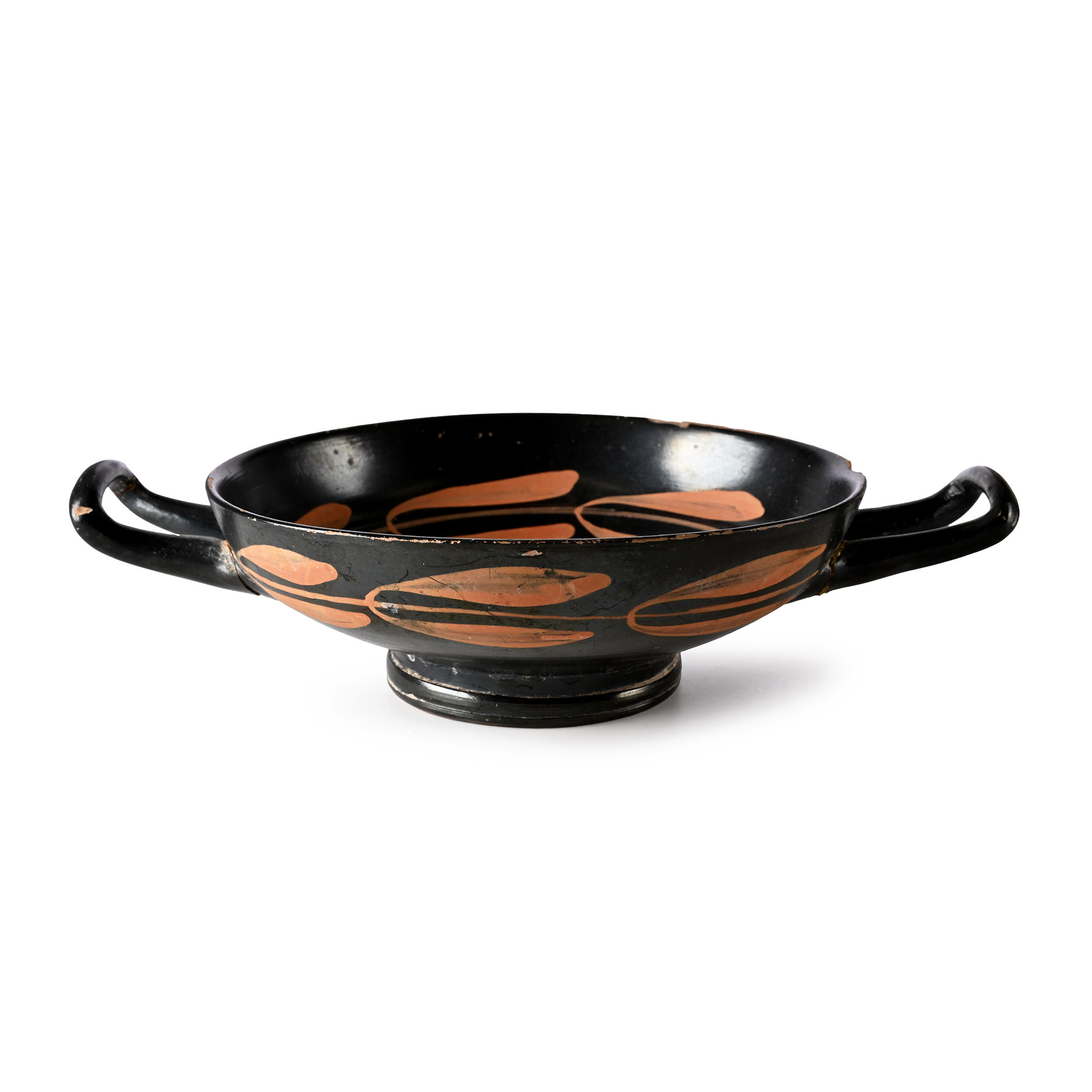 Greek Black-Glazed Twin-Handled Stemless Kylix with Swan