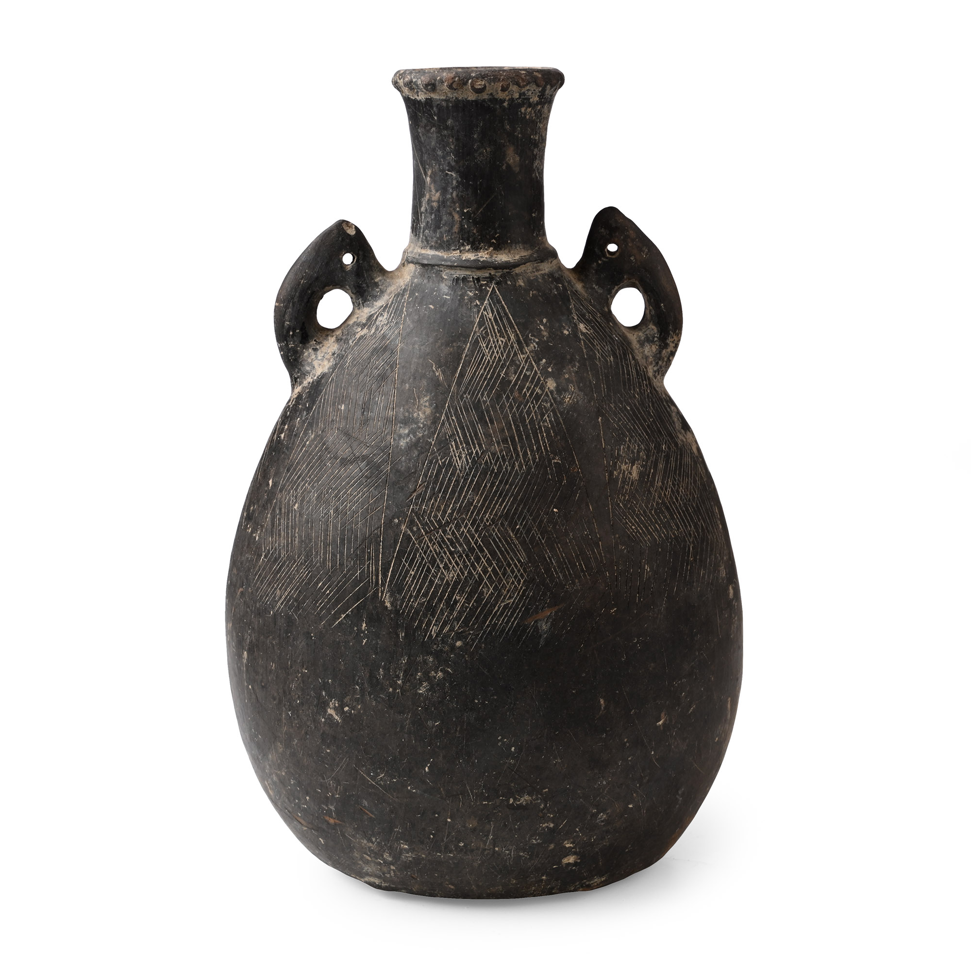 Eastern Mediterranean Terracotta Handled Vase with Engraved Zig-Zag Panels
