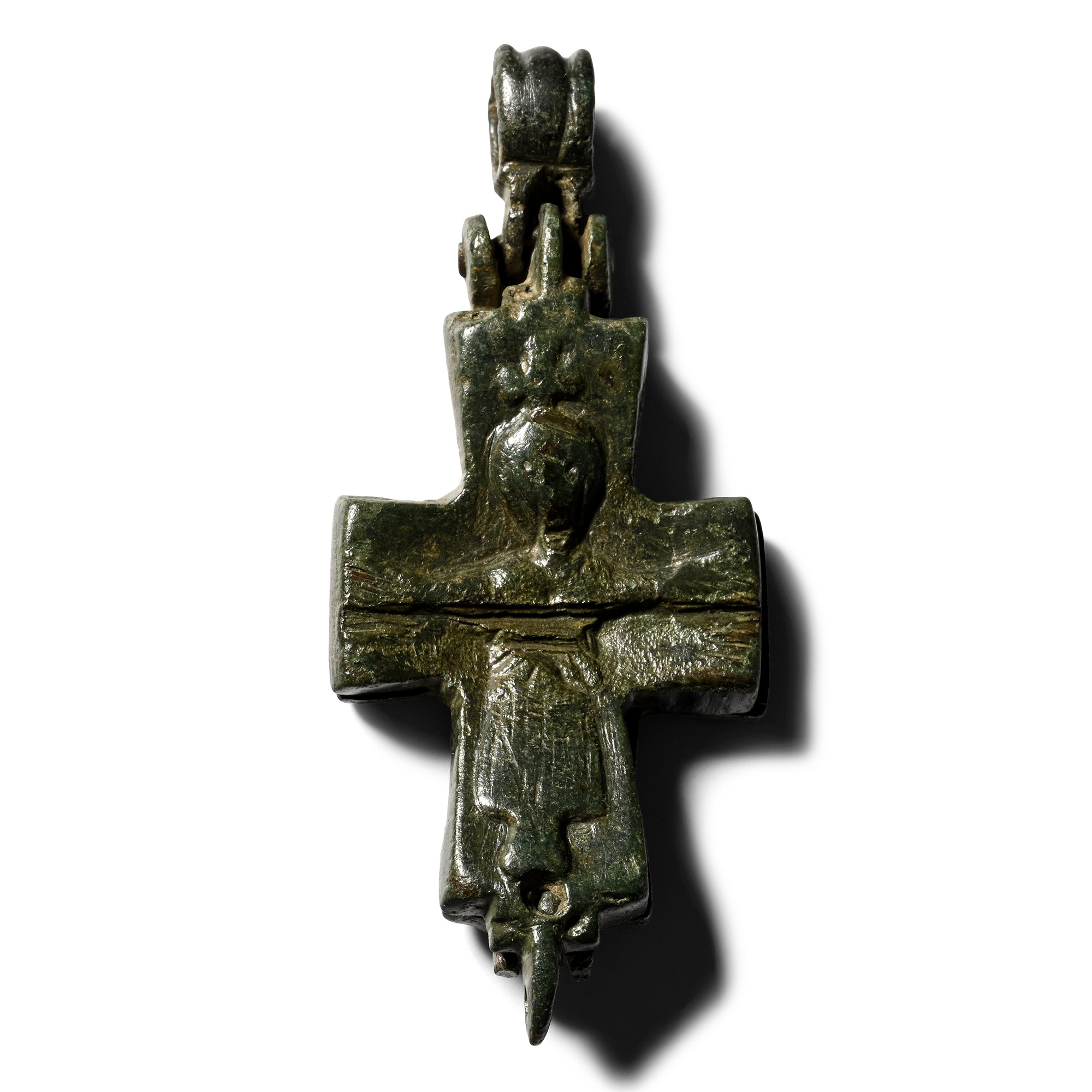 Byzantine Bronze Reliquary Cross Pendant