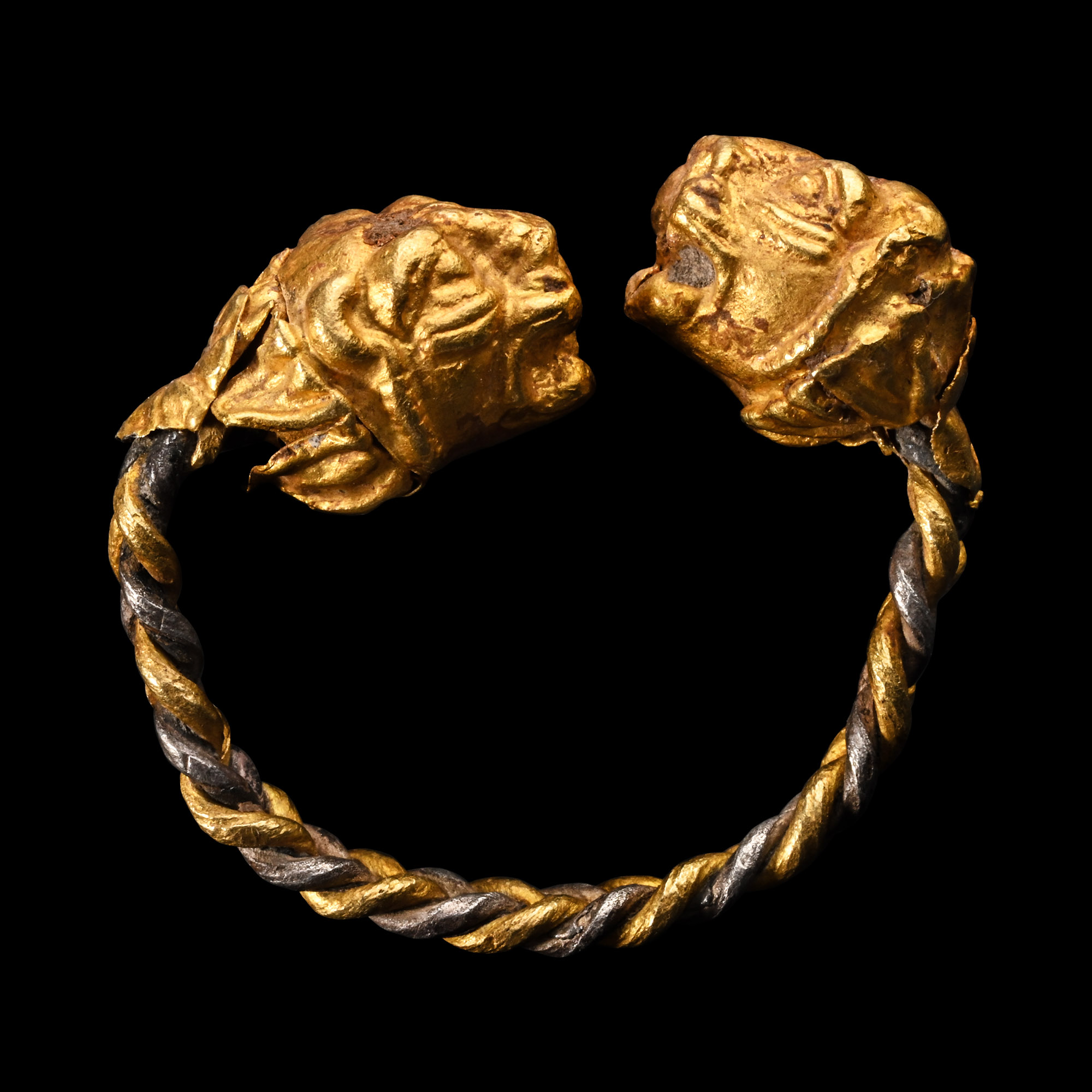 Greek Gold Lion Head Ring with Plaited Band