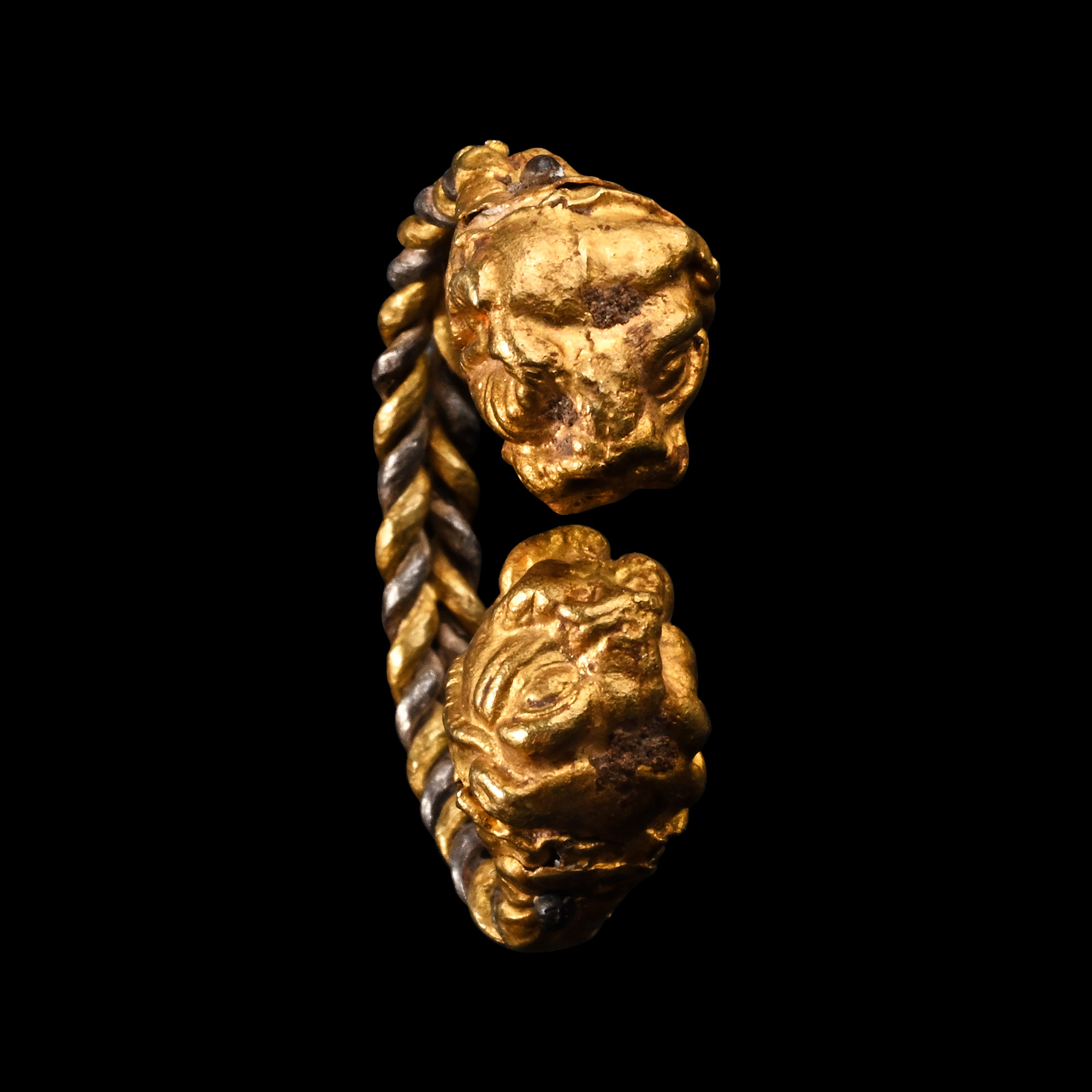 Greek Gold Lion Head Ring with Plaited Band