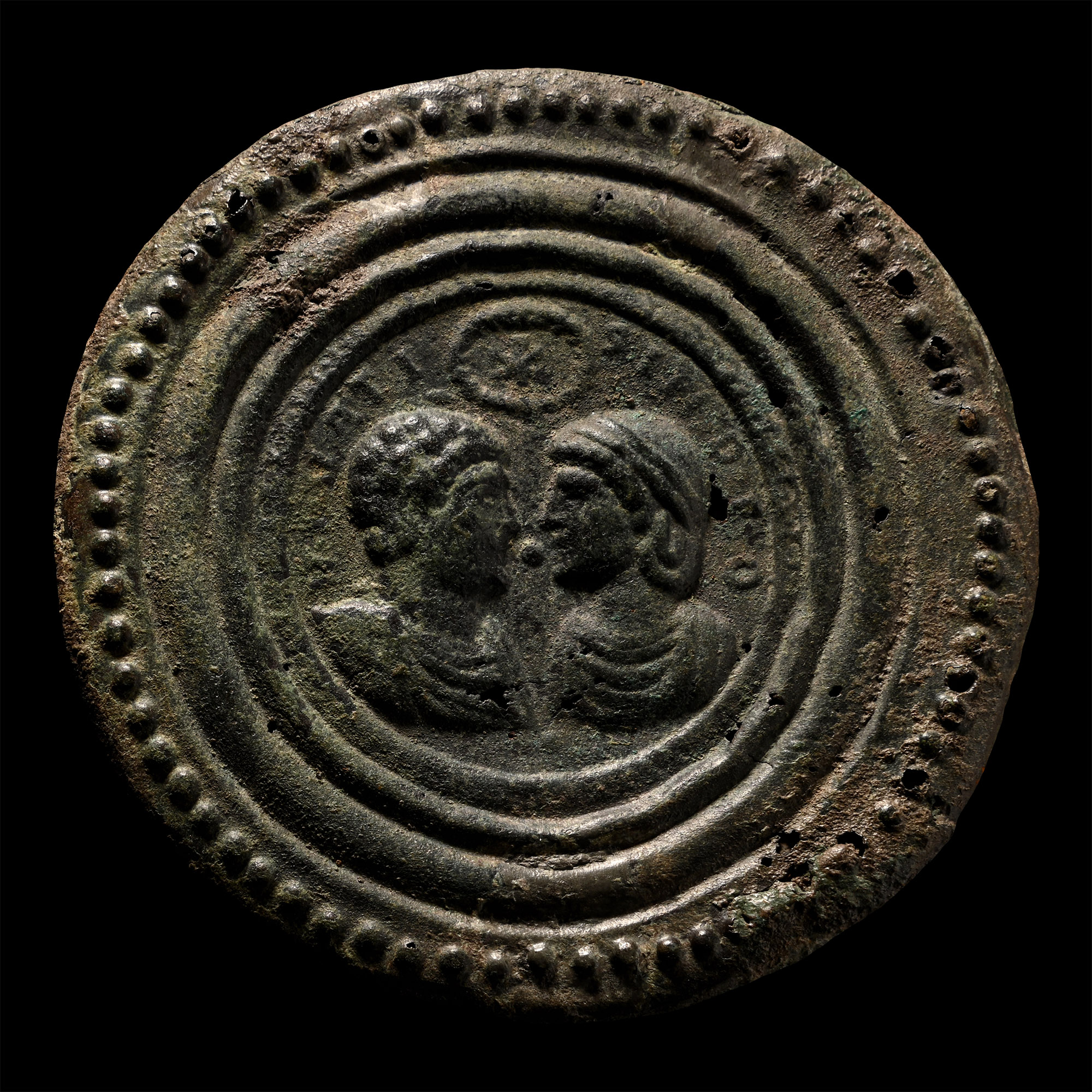 Roman Bronze Marriage Mirror with Facing Busts with Inscription