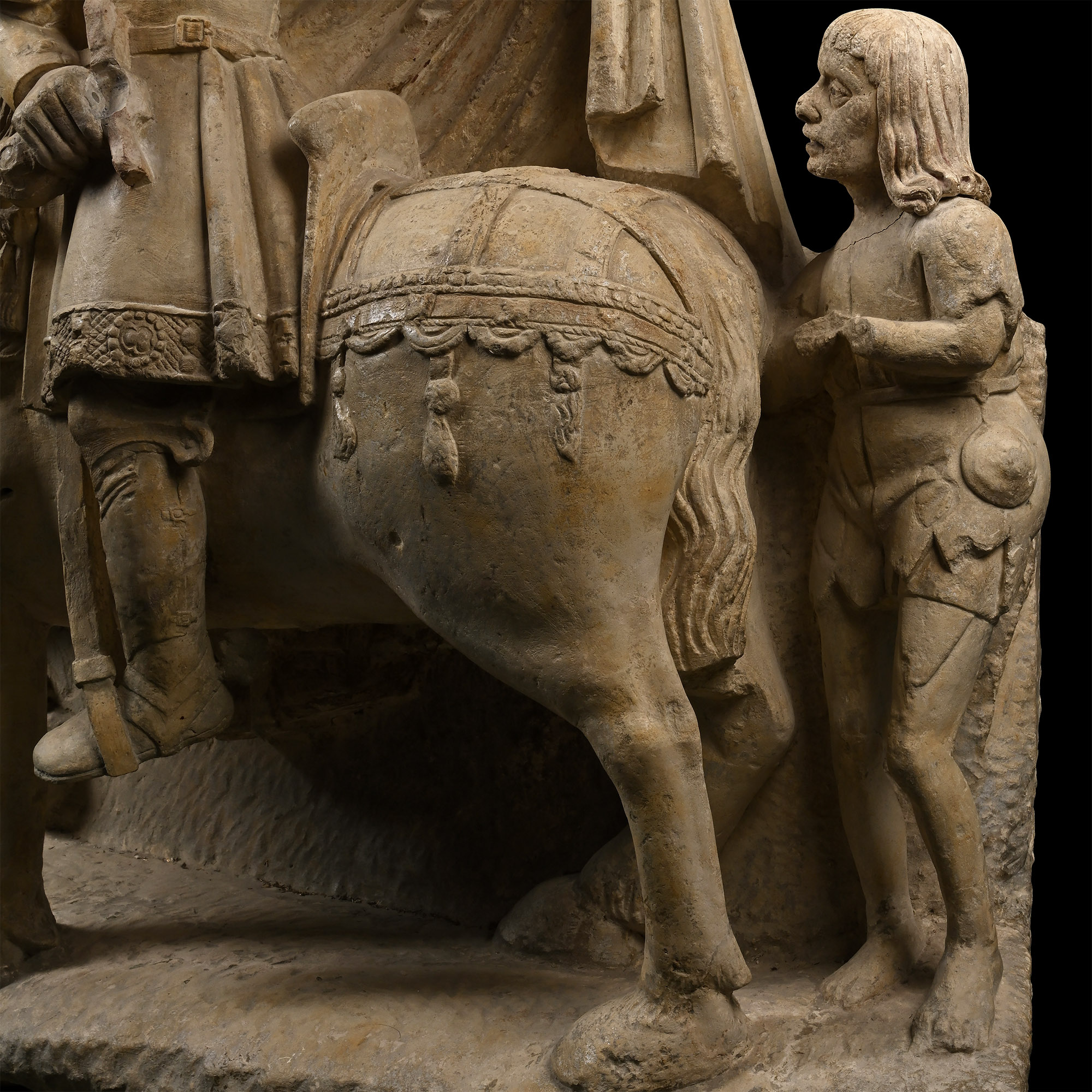 Large Medieval Carved Limestone of St Martin on Horseback with Cloak and Beggar