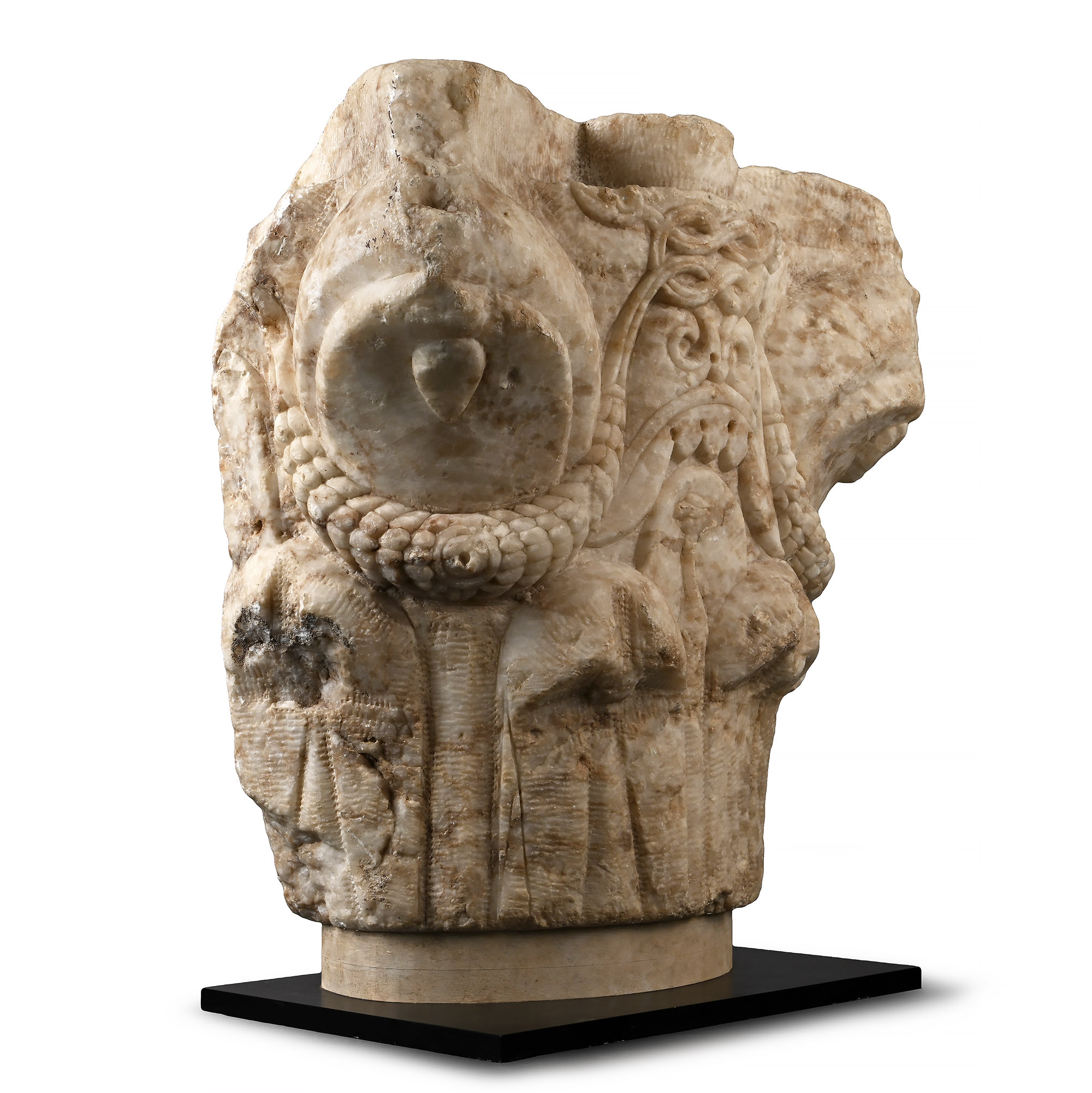Romanesque Limestone Capital with Reef Knot