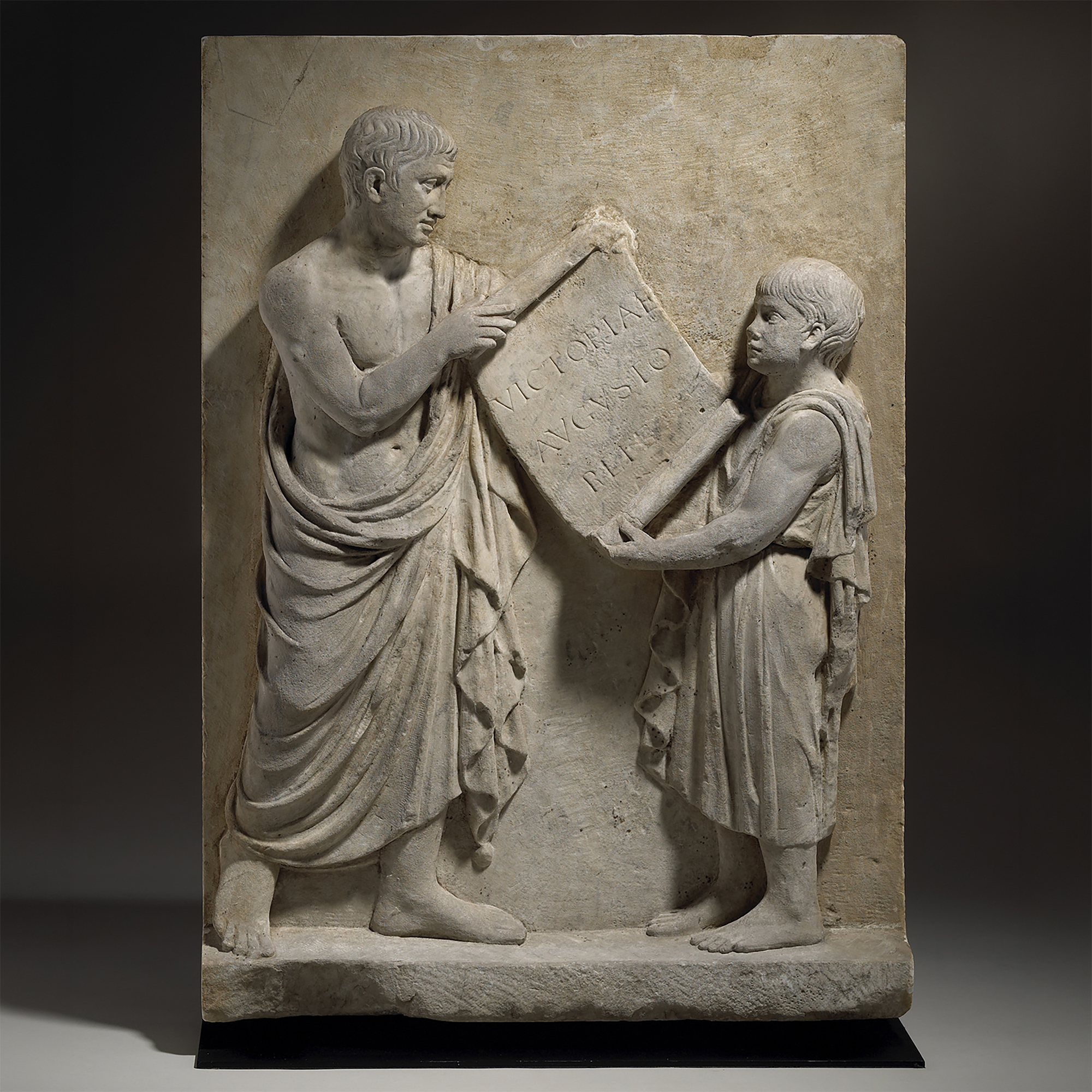 Large Marble Relief with Roman-Era Scene of a Boy Presenting a Scroll