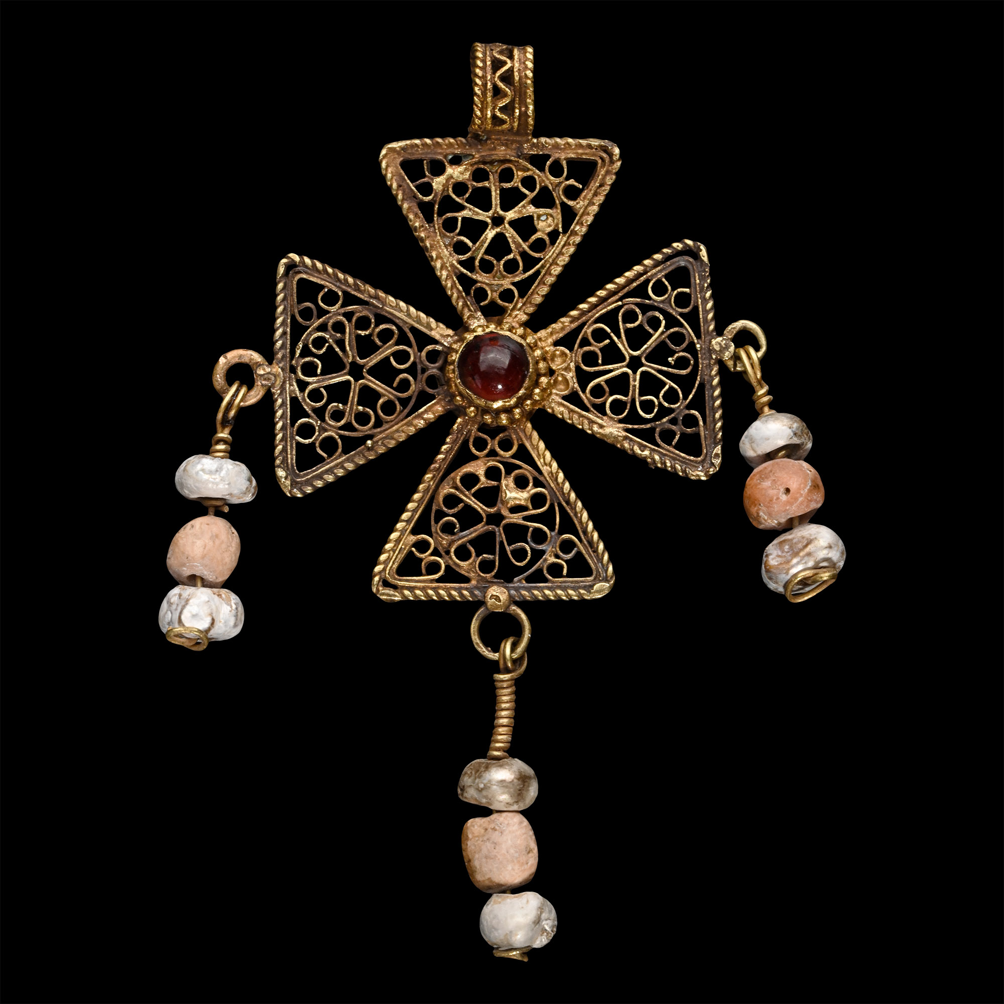 Byzantine Filigree Gold Cross Pendant with Bead Drops