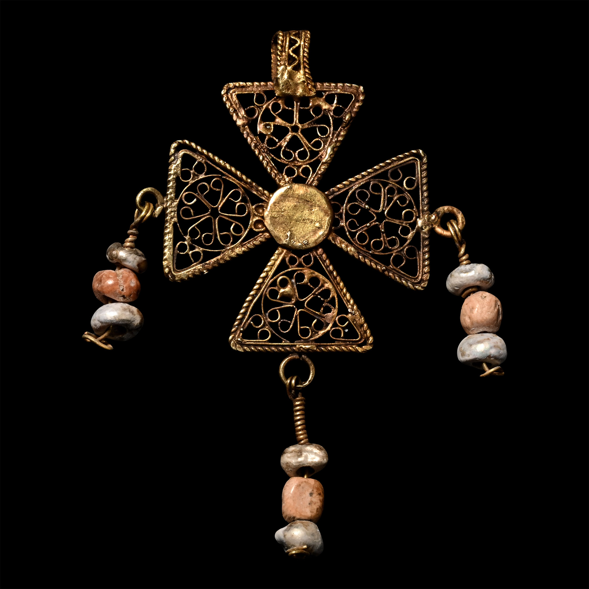 Byzantine Filigree Gold Cross Pendant with Bead Drops