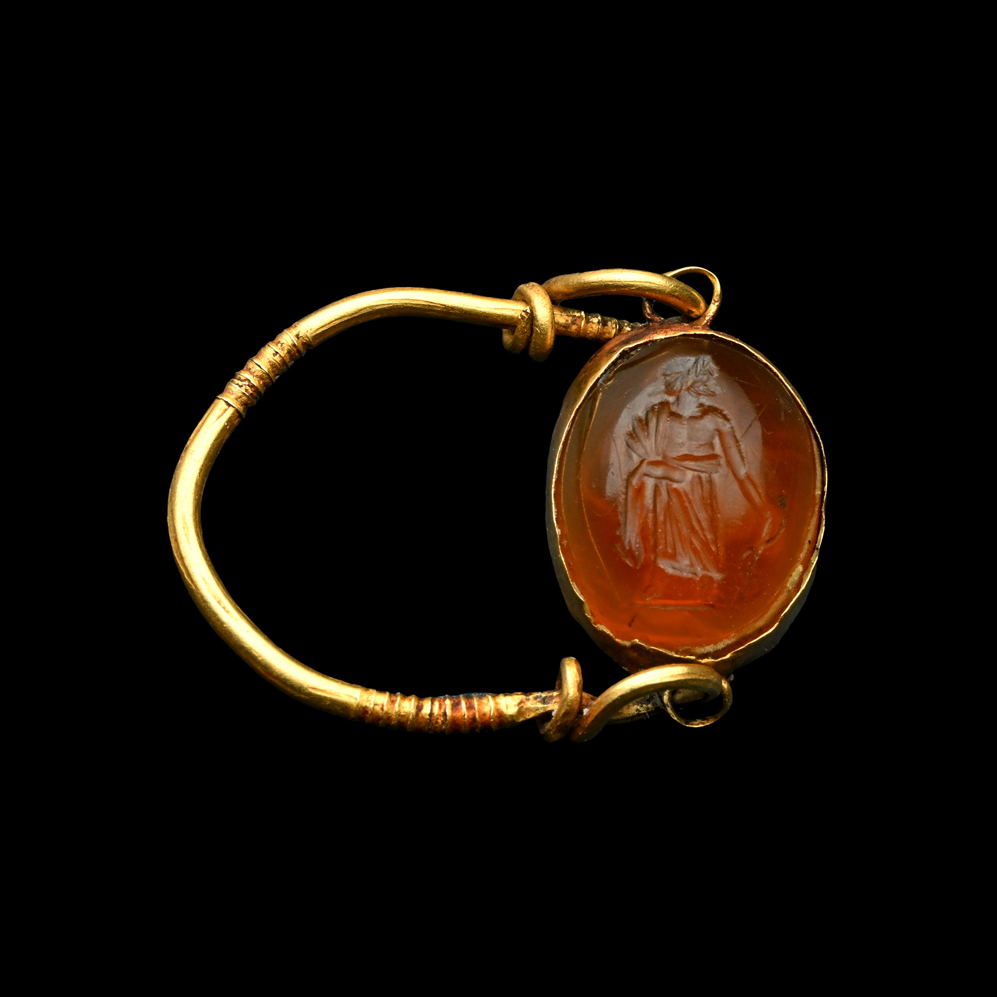 Greek Gold Ring and Carnelian Gemstone with Asclepius and Hygeia