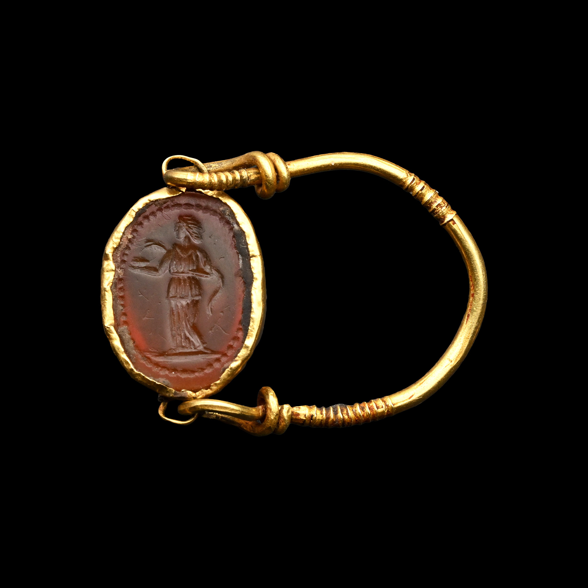 Greek Gold Ring and Carnelian Gemstone with Asclepius and Hygeia