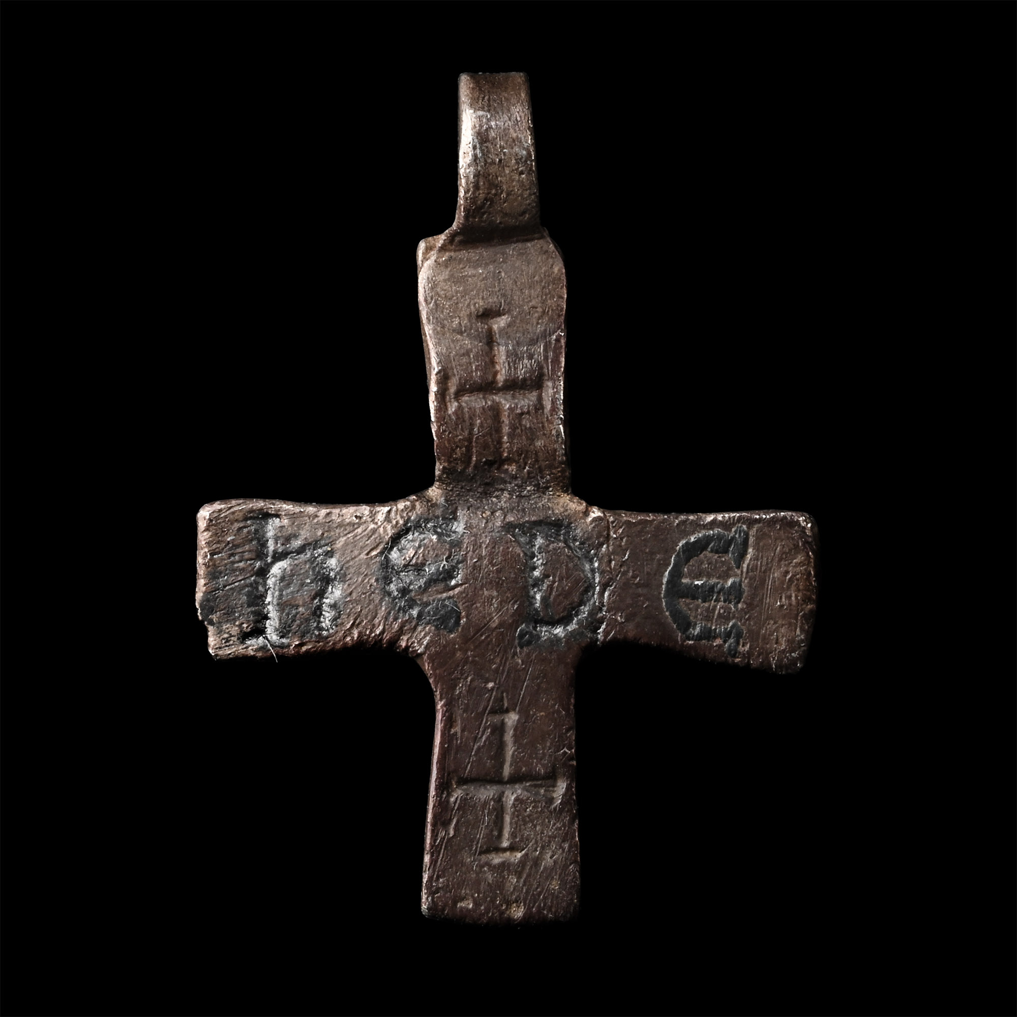 Medieval Silver Cross Pendant with Niello Inscription