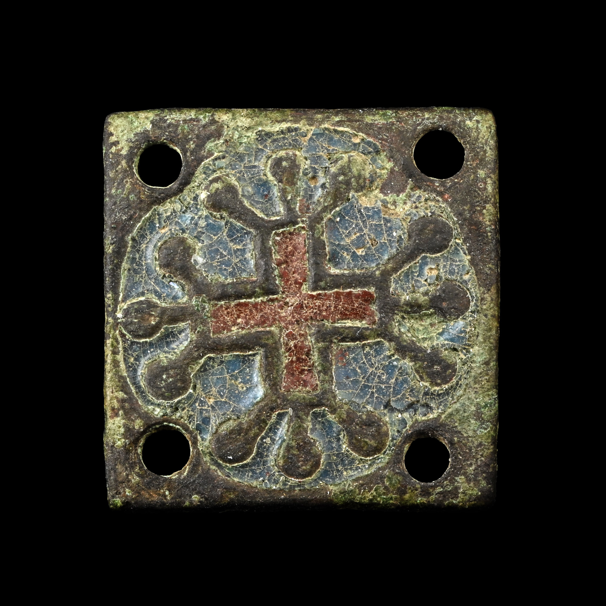 Medieval Knight's Enamelled Bronze Heraldic Plaque with Crusader Cross