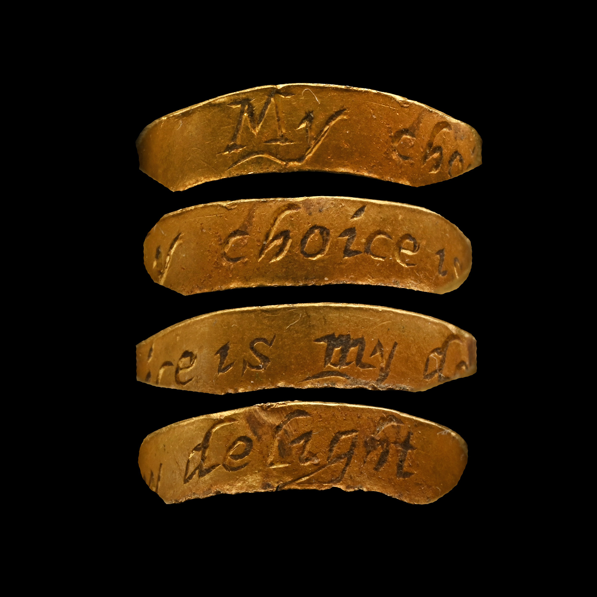 Post Medieval 'My choice is my Delight' Decorated Gold Posy Ring